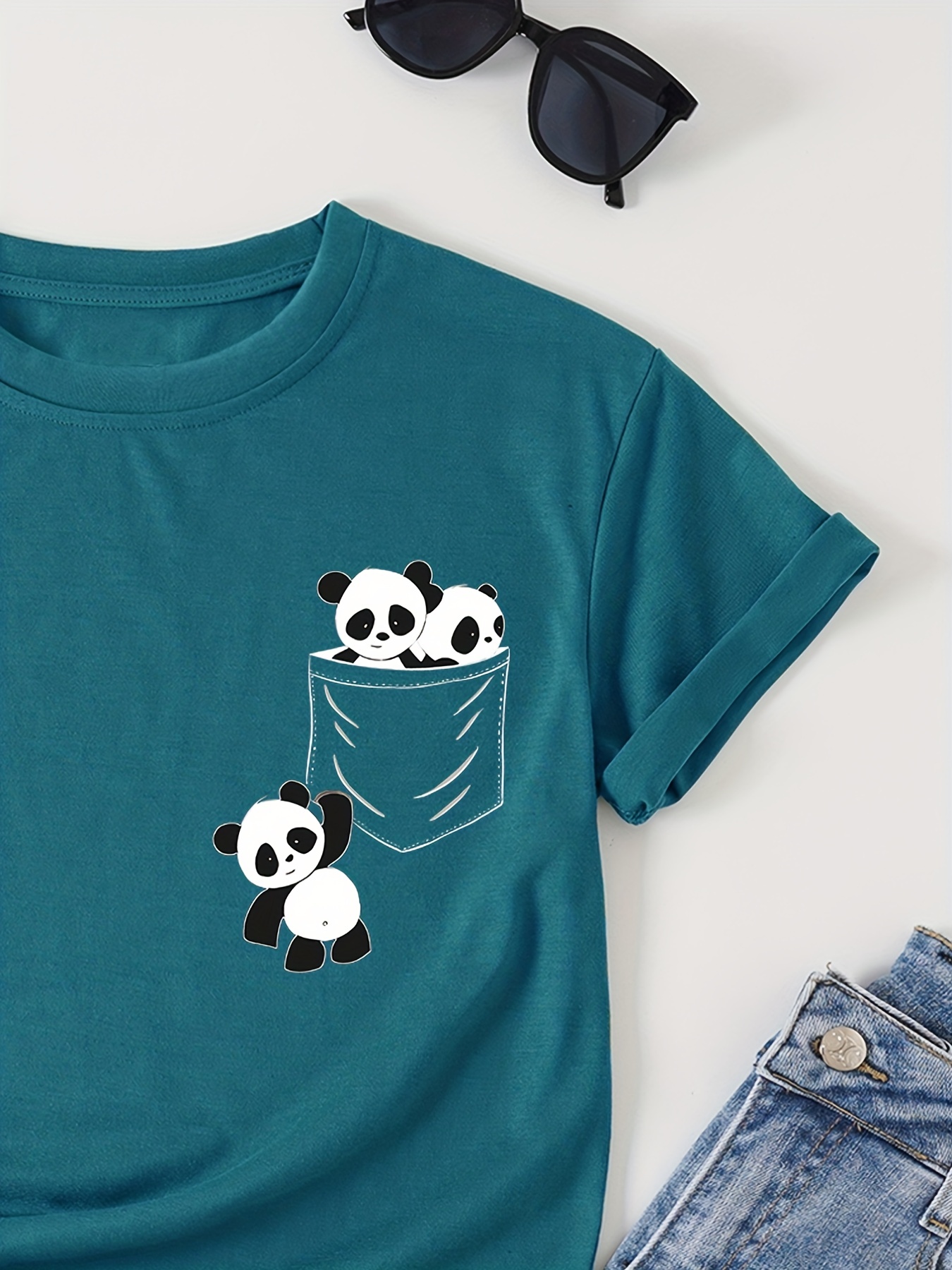 panda print crew neck t shirt casual short sleeve t shirt for spring summer womens clothing details 53