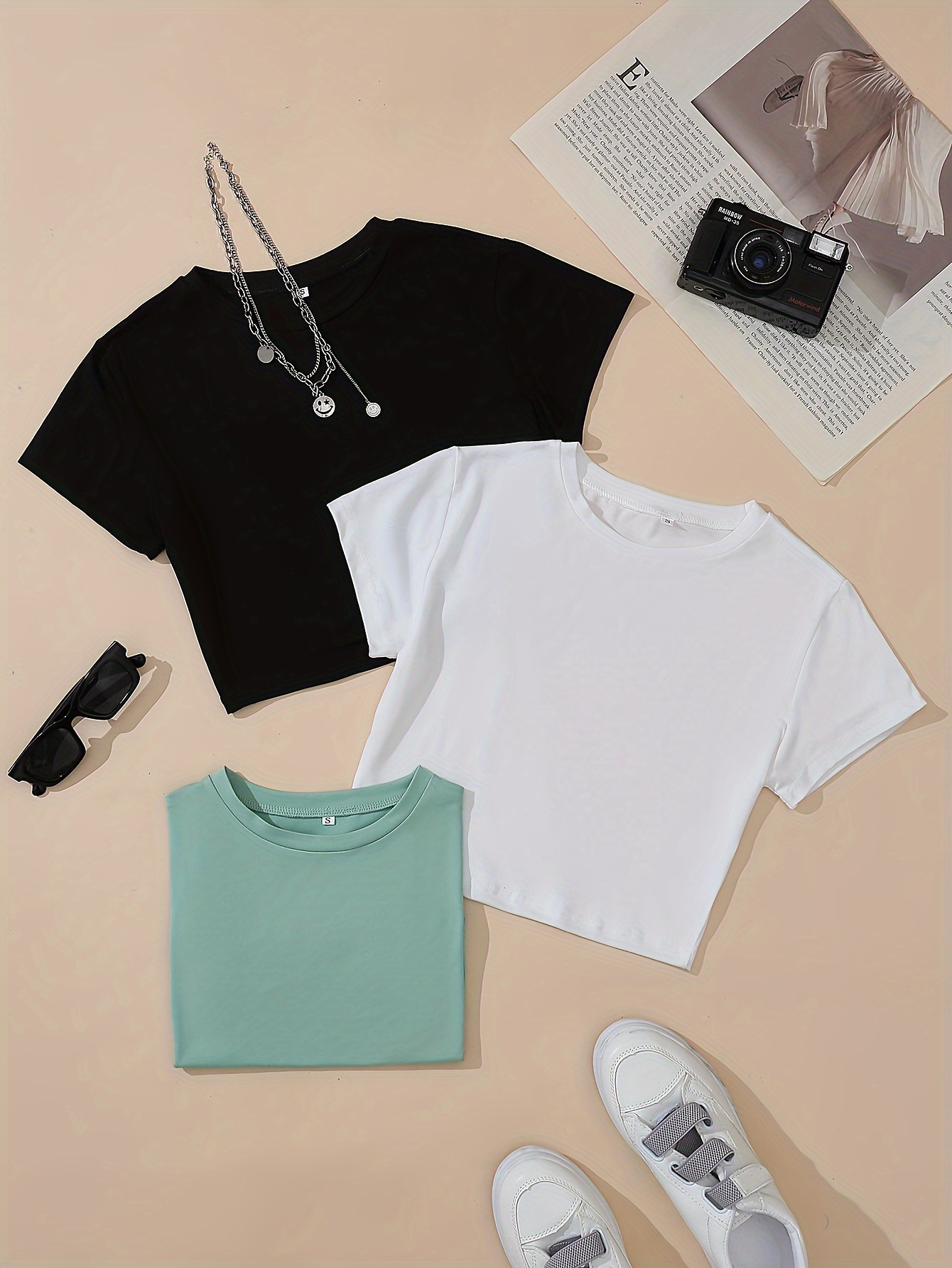 3 pieces crop t shirts casual crew neck short sleeve t shirts for spring summer womens clothing details 0