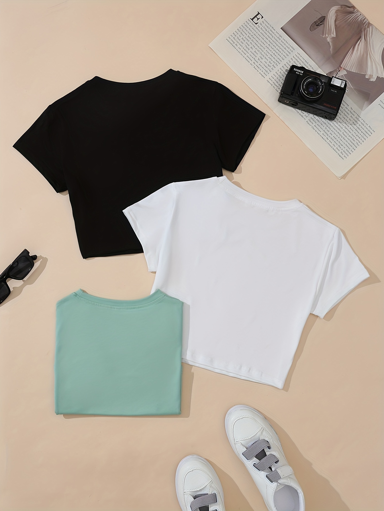 3 pieces crop t shirts casual crew neck short sleeve t shirts for spring summer womens clothing details 1