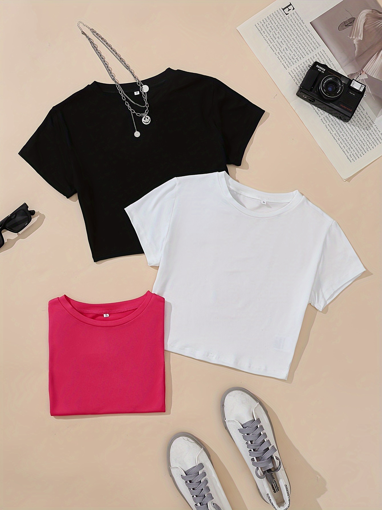 3 pieces crop t shirts casual crew neck short sleeve t shirts for spring summer womens clothing details 5