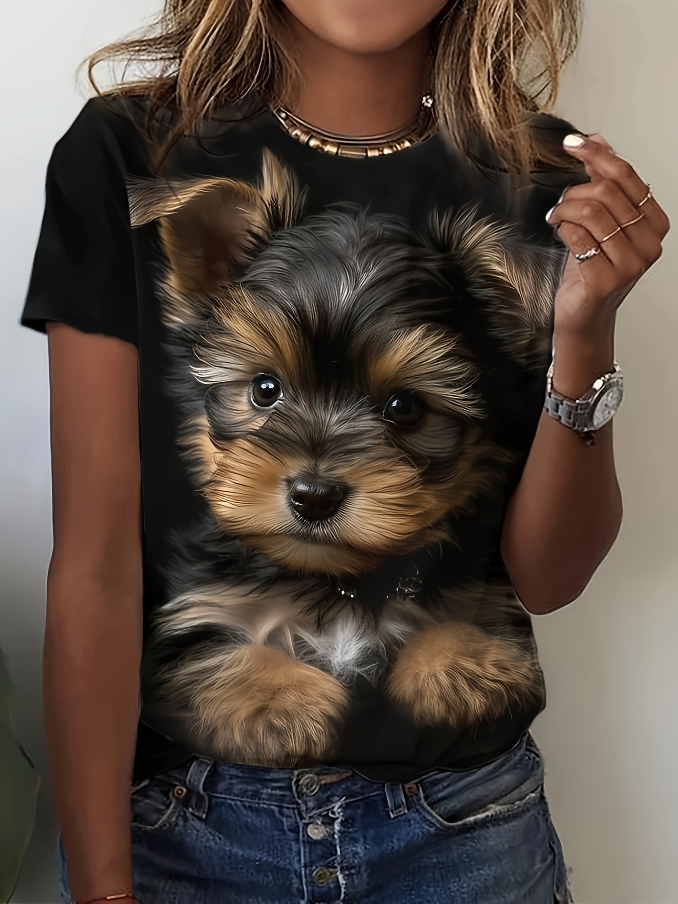 cute puppy print t shirt casual crew neck short sleeve top for spring summer womens clothing details 0