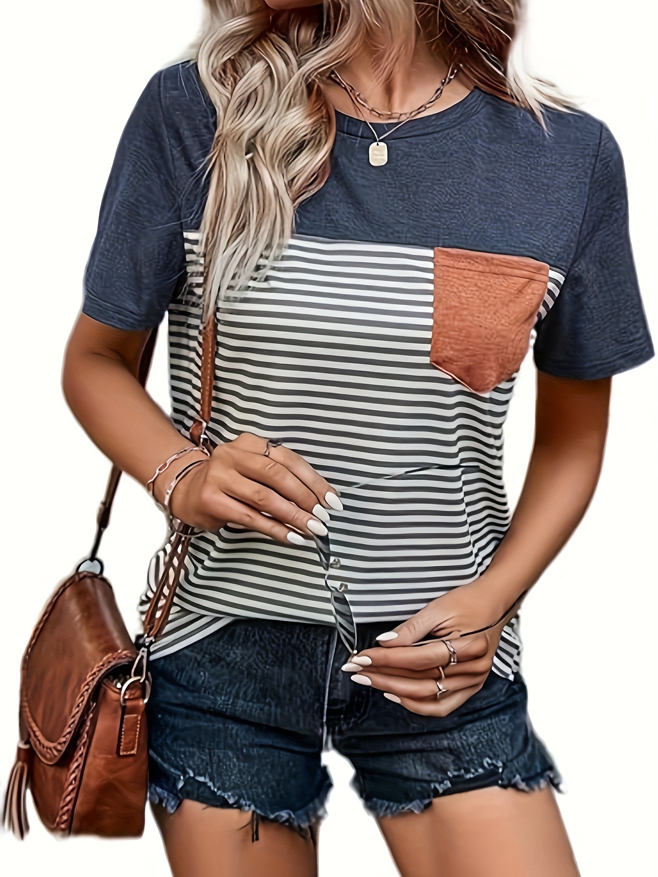 Striped Print Color Block T-Shirt, Casual Crew Neck Short Sleeve Top For Spring & Summer, Women s Clothing details 3