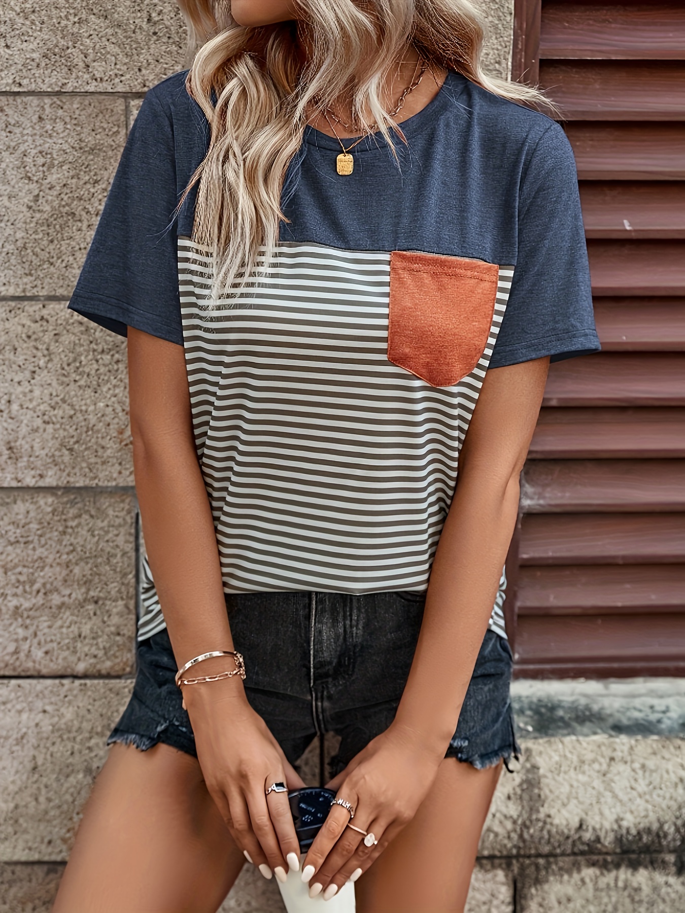 Striped Print Color Block T-Shirt, Casual Crew Neck Short Sleeve Top For Spring & Summer, Women s Clothing details 4