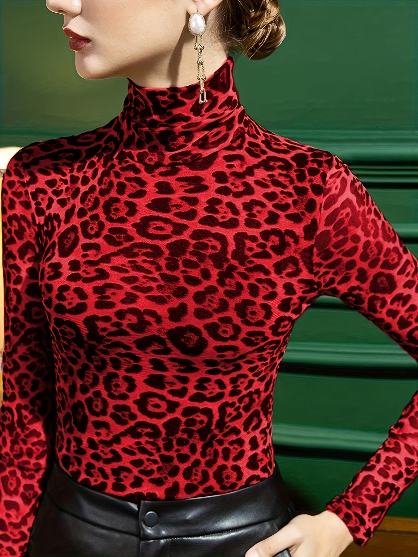 leopard print turtleneck t shirt casual long sleeve top for spring fall womens clothing details 4