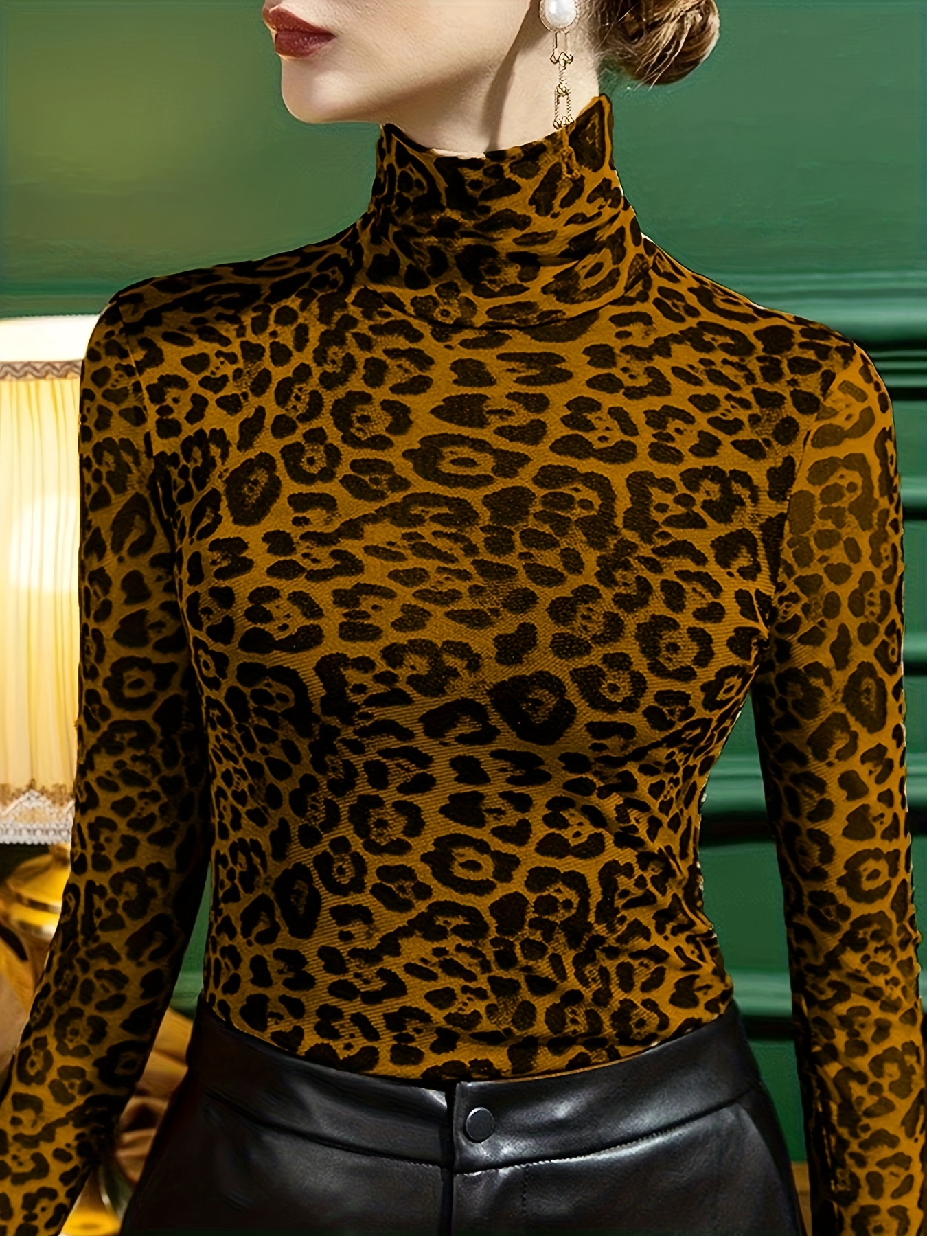 leopard print turtleneck t shirt casual long sleeve top for spring fall womens clothing details 13