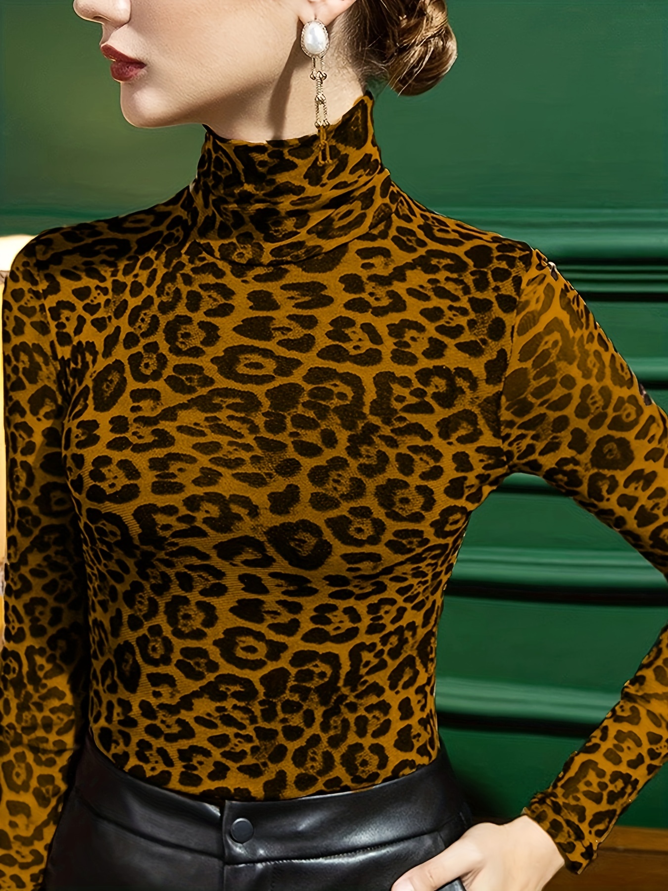 leopard print turtleneck t shirt casual long sleeve top for spring fall womens clothing details 14