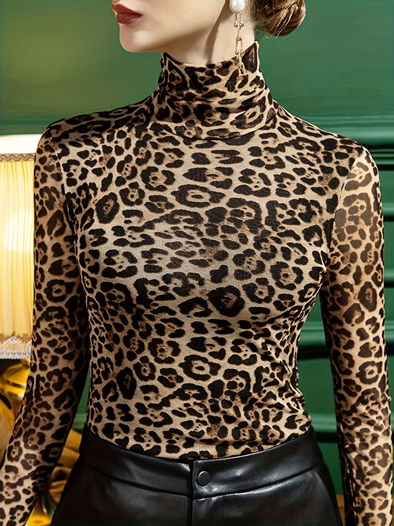 leopard print turtleneck t shirt casual long sleeve top for spring fall womens clothing details 18