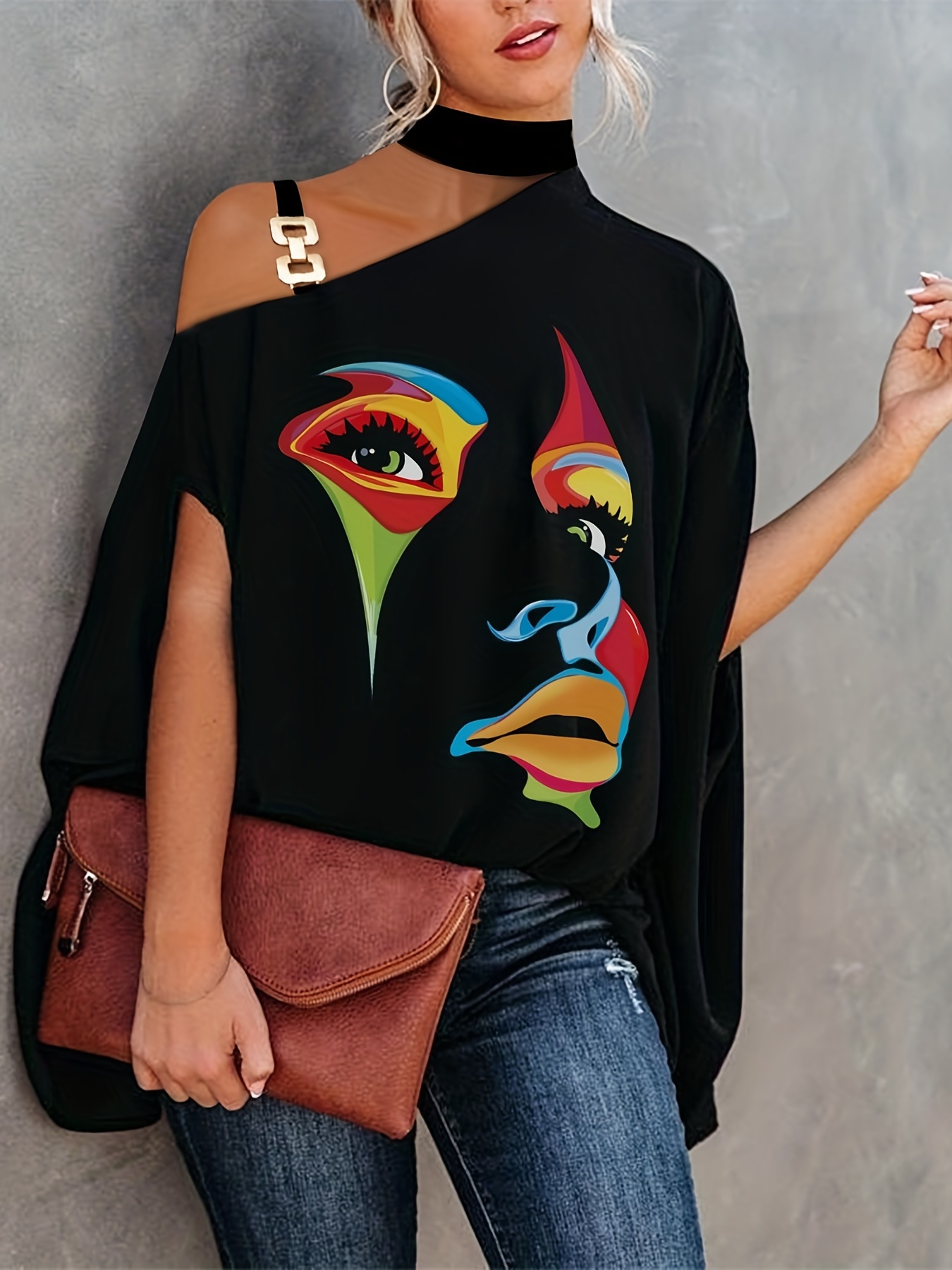 abstract portrait print choker neck t shirt casual chain batwing sleeve top for spring summer womens clothing details 1