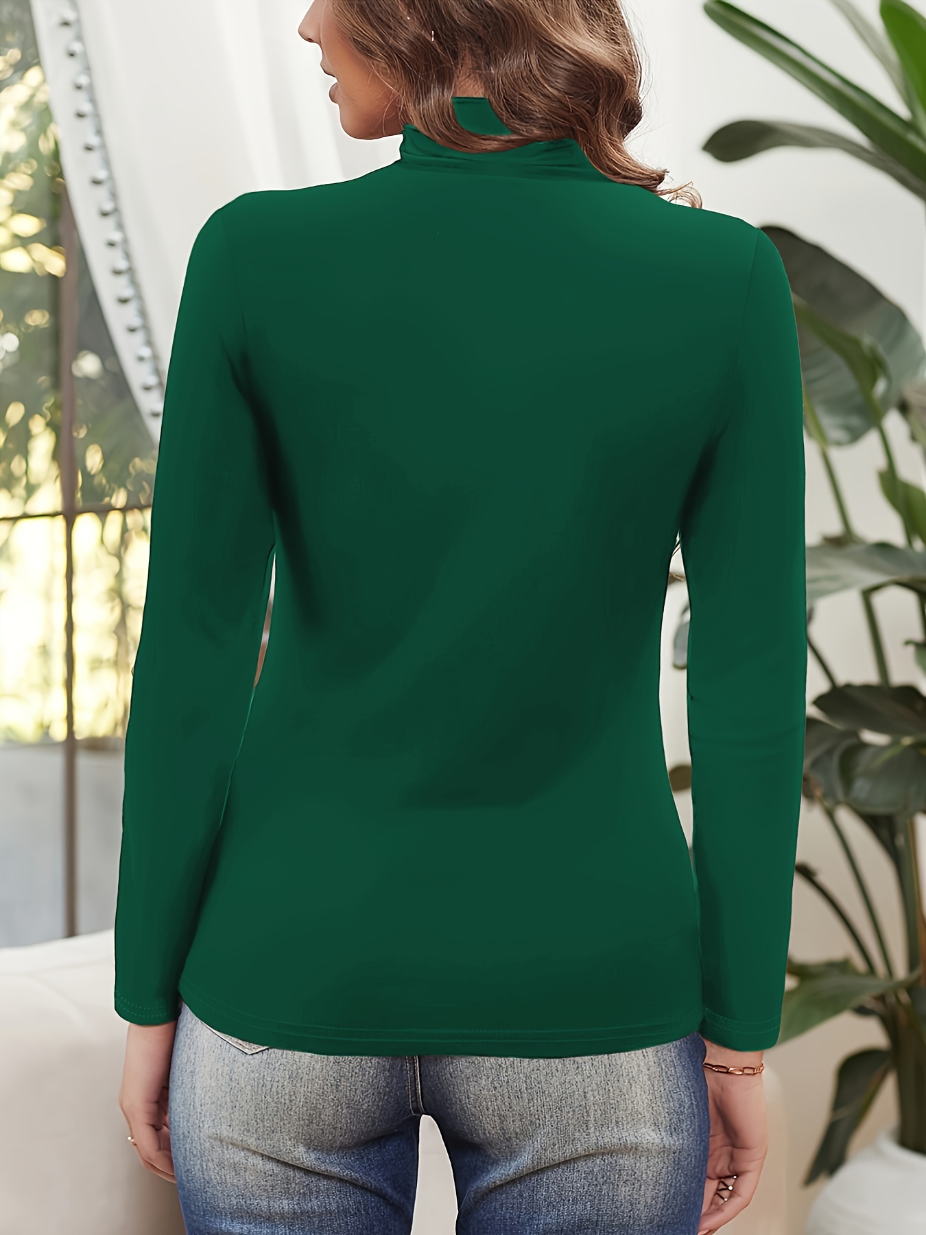 solid ruched mock neck t shirt elegant long sleeve top for spring fall womens clothing details 1