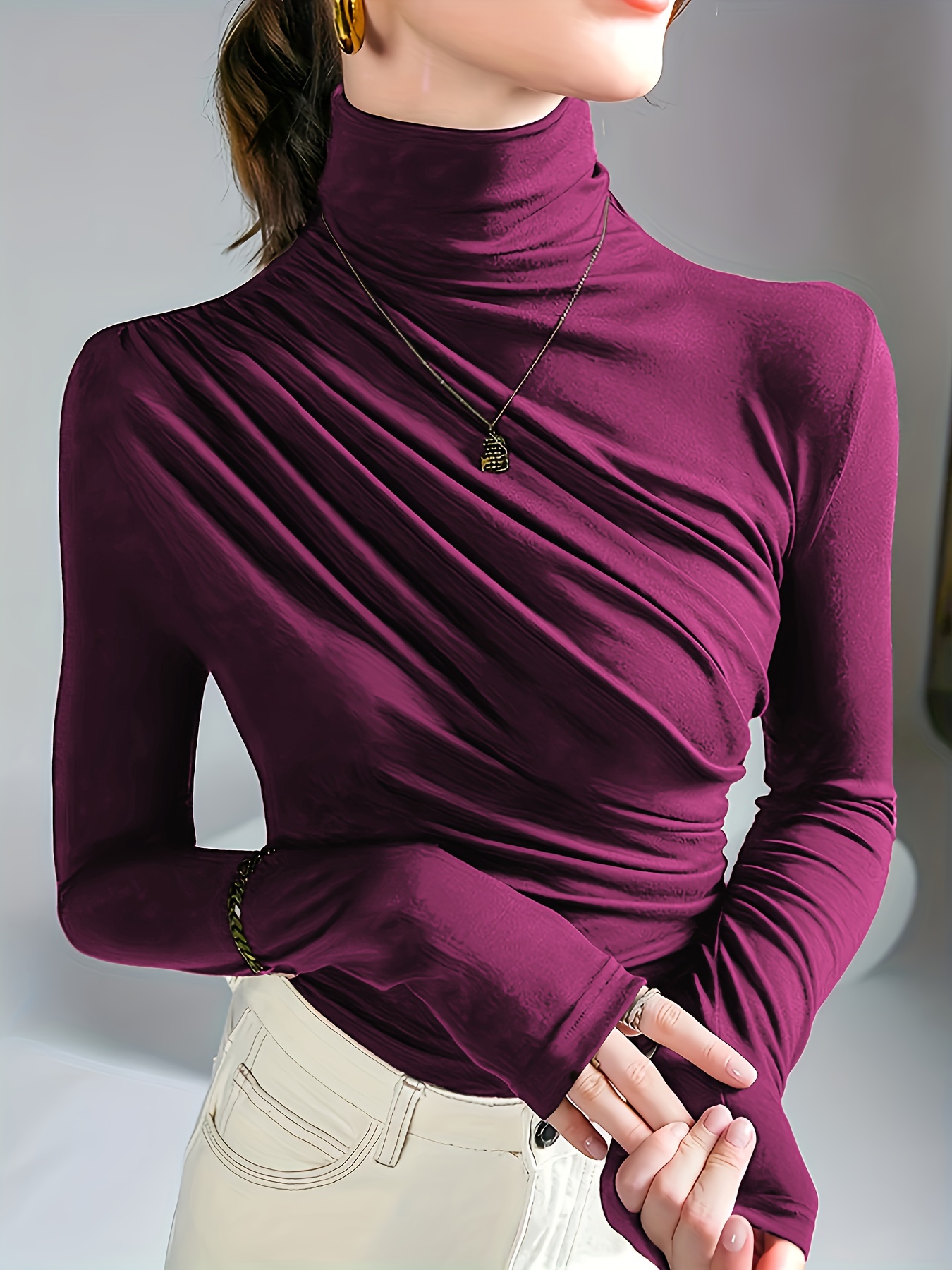 solid ruched mock neck t shirt elegant long sleeve top for spring fall womens clothing details 3