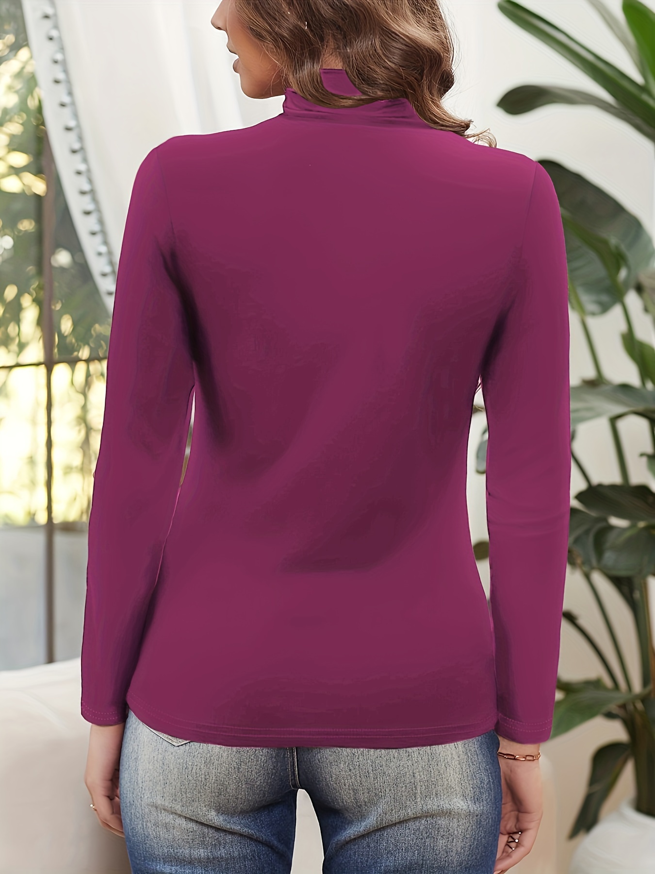 solid ruched mock neck t shirt elegant long sleeve top for spring fall womens clothing details 4