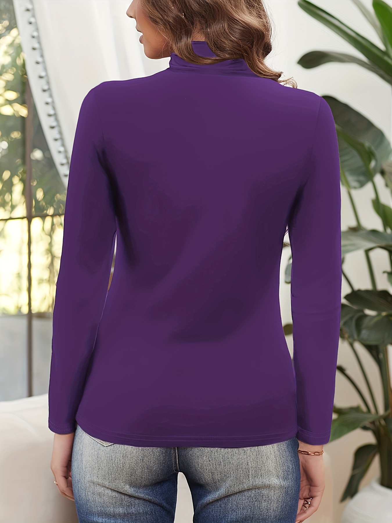 solid ruched mock neck t shirt elegant long sleeve top for spring fall womens clothing details 7