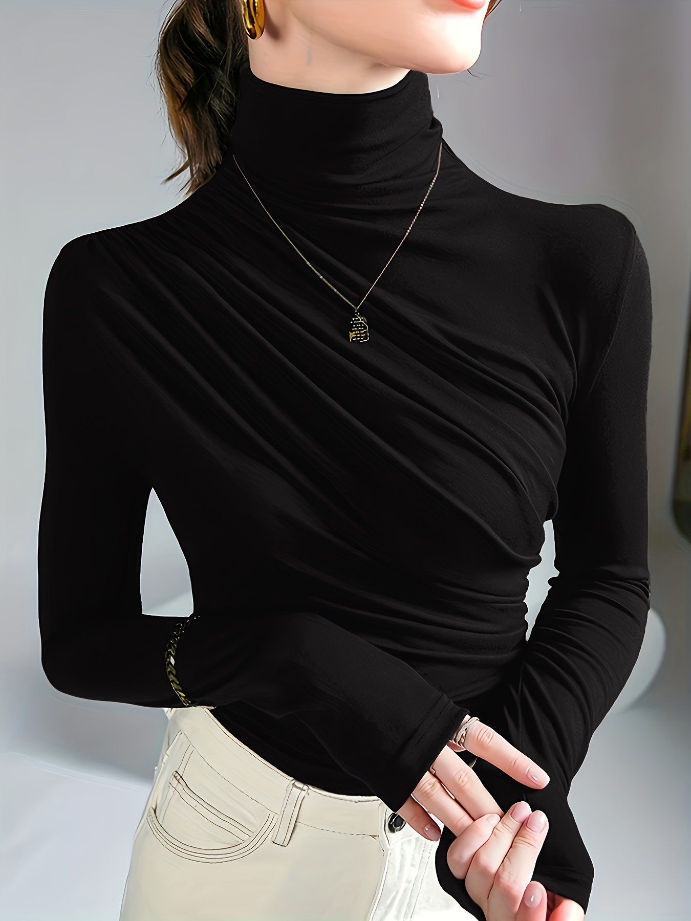 solid ruched mock neck t shirt elegant long sleeve top for spring fall womens clothing details 9