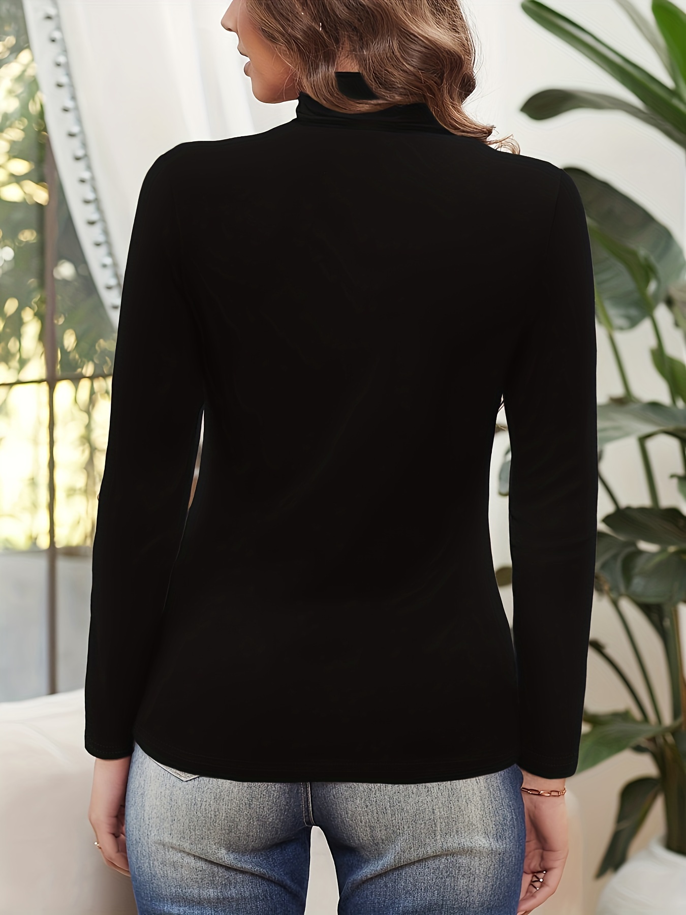 solid ruched mock neck t shirt elegant long sleeve top for spring fall womens clothing details 10