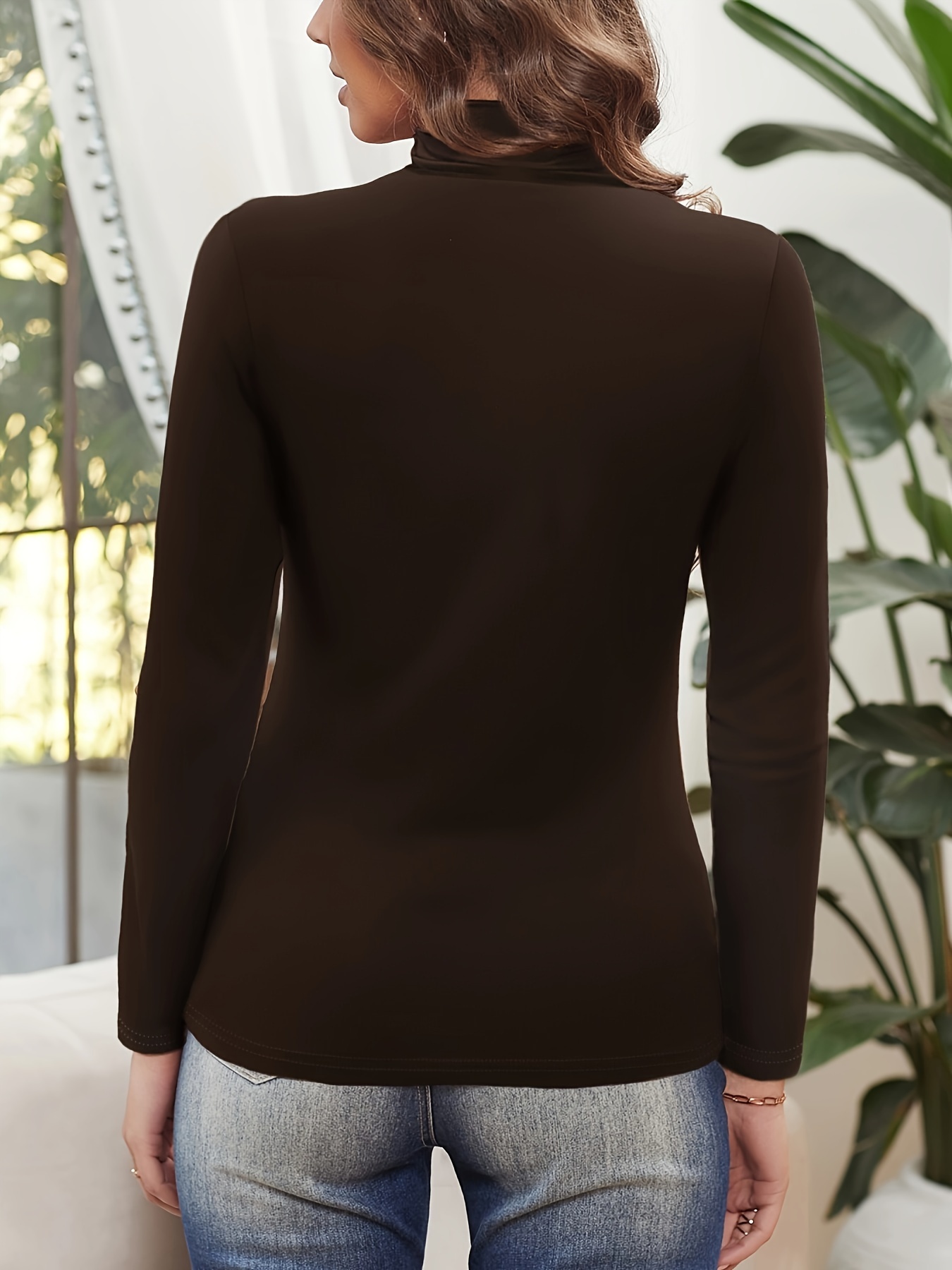 solid ruched mock neck t shirt elegant long sleeve top for spring fall womens clothing details 15