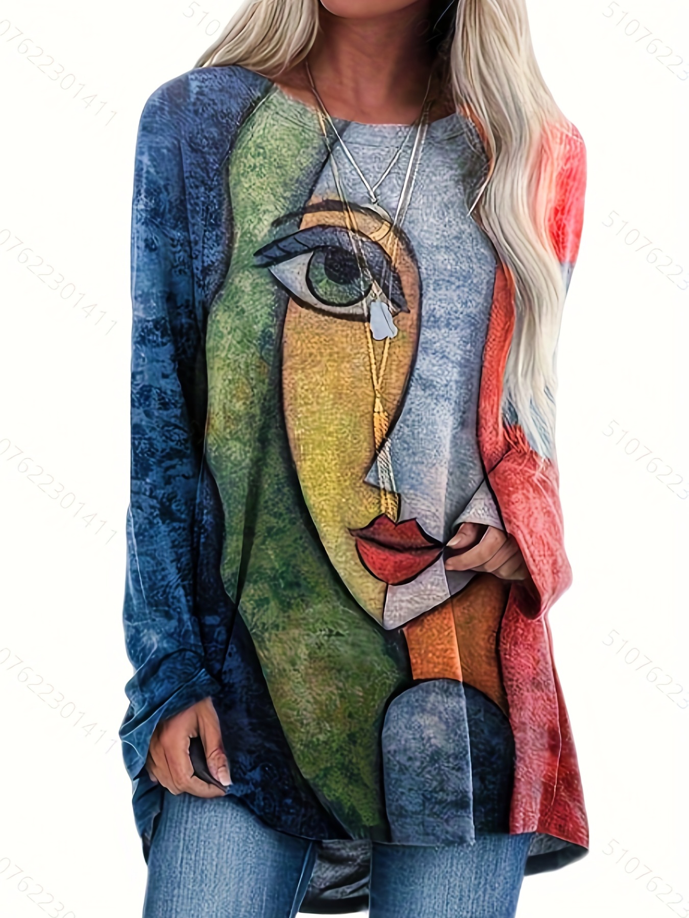 abstract face print crew neck t shirt casual long sleeve top for spring fall womens clothing details 1