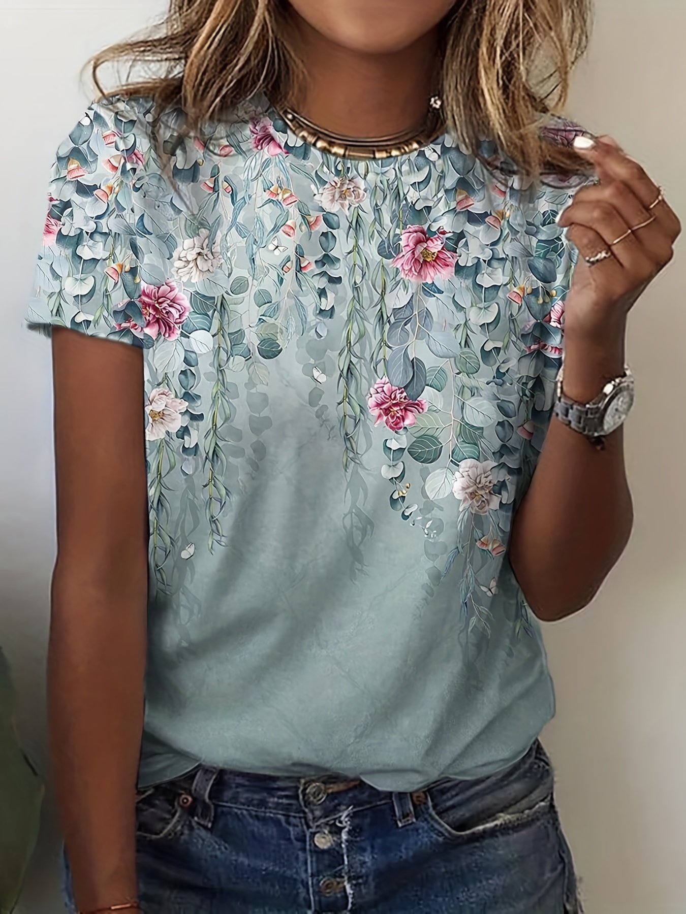 vintage floral print t shirt short sleeve crew neck casual top for summer spring womens clothing details 0