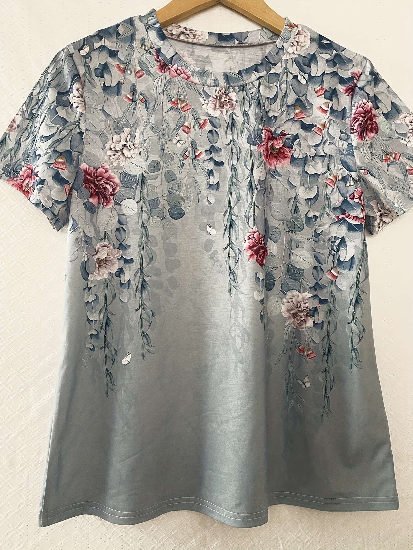 vintage floral print t shirt short sleeve crew neck casual top for summer spring womens clothing details 4