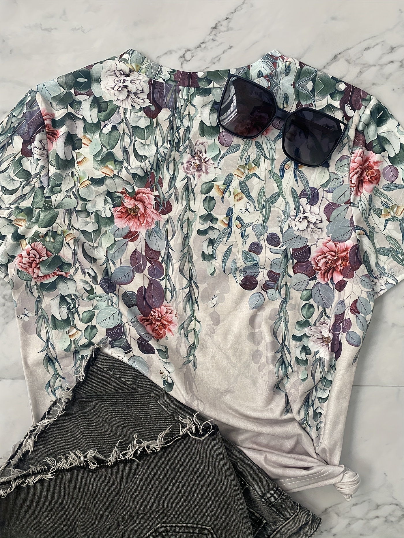 vintage floral print t shirt short sleeve crew neck casual top for summer spring womens clothing details 6