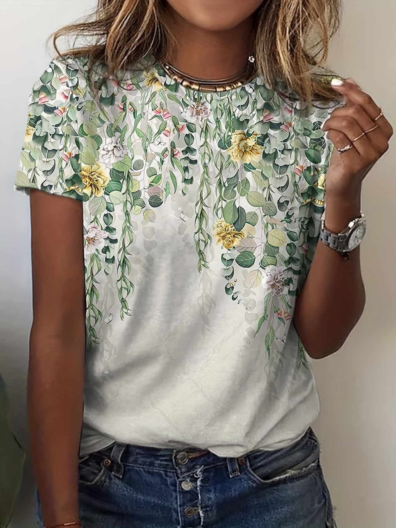 vintage floral print t shirt short sleeve crew neck casual top for summer spring womens clothing details 10