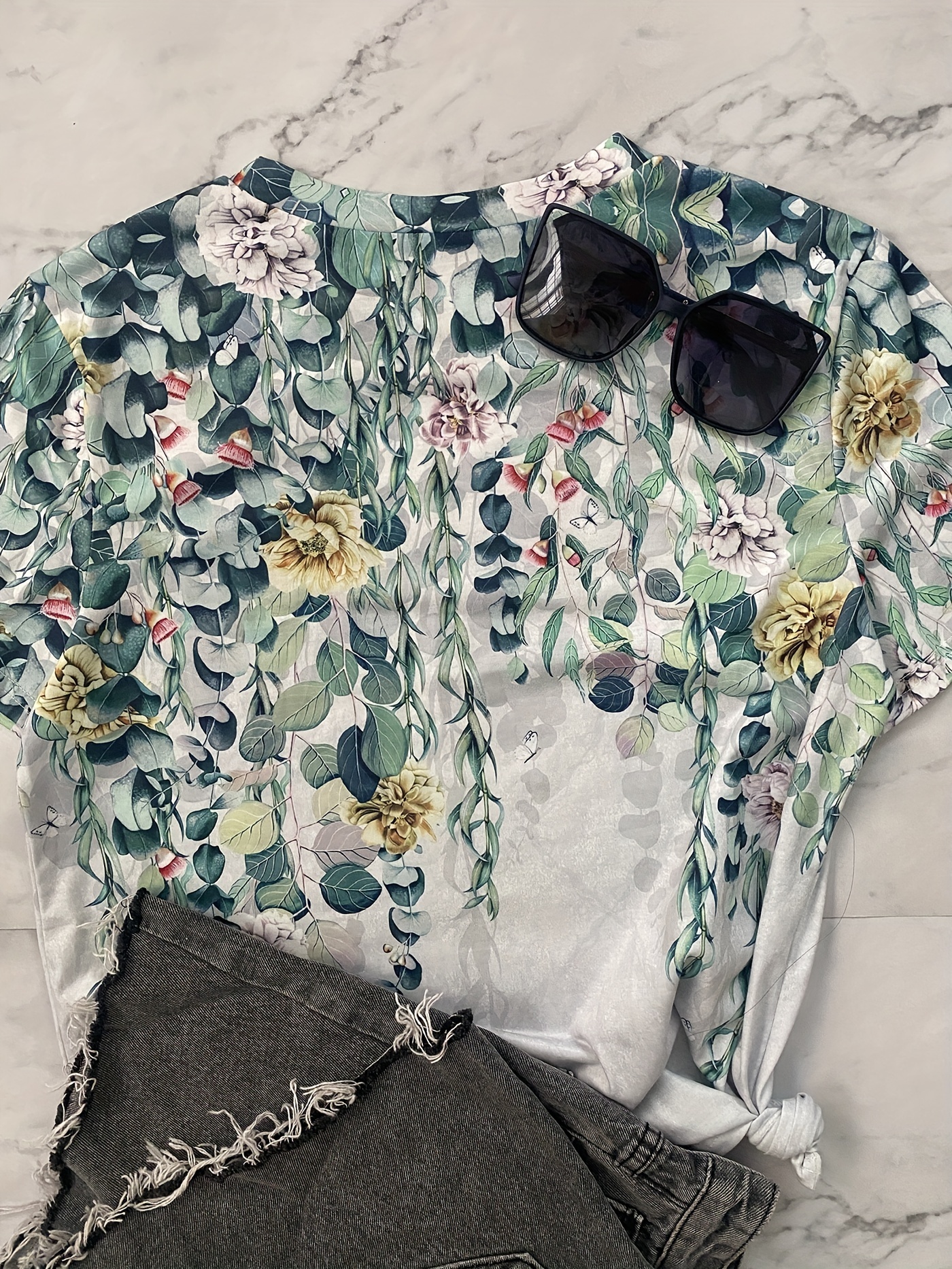 vintage floral print t shirt short sleeve crew neck casual top for summer spring womens clothing details 11