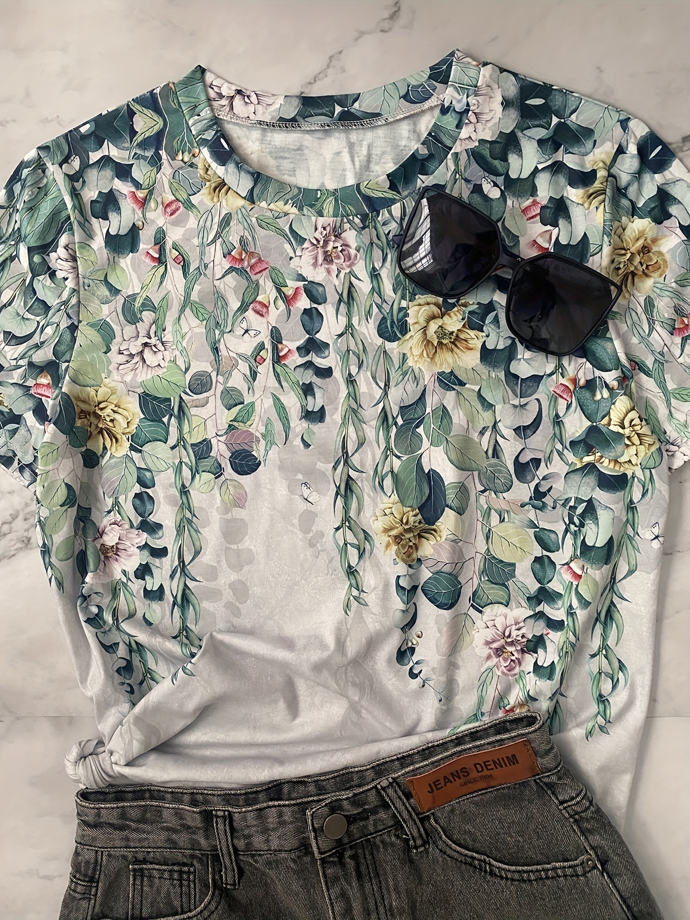 vintage floral print t shirt short sleeve crew neck casual top for summer spring womens clothing details 12