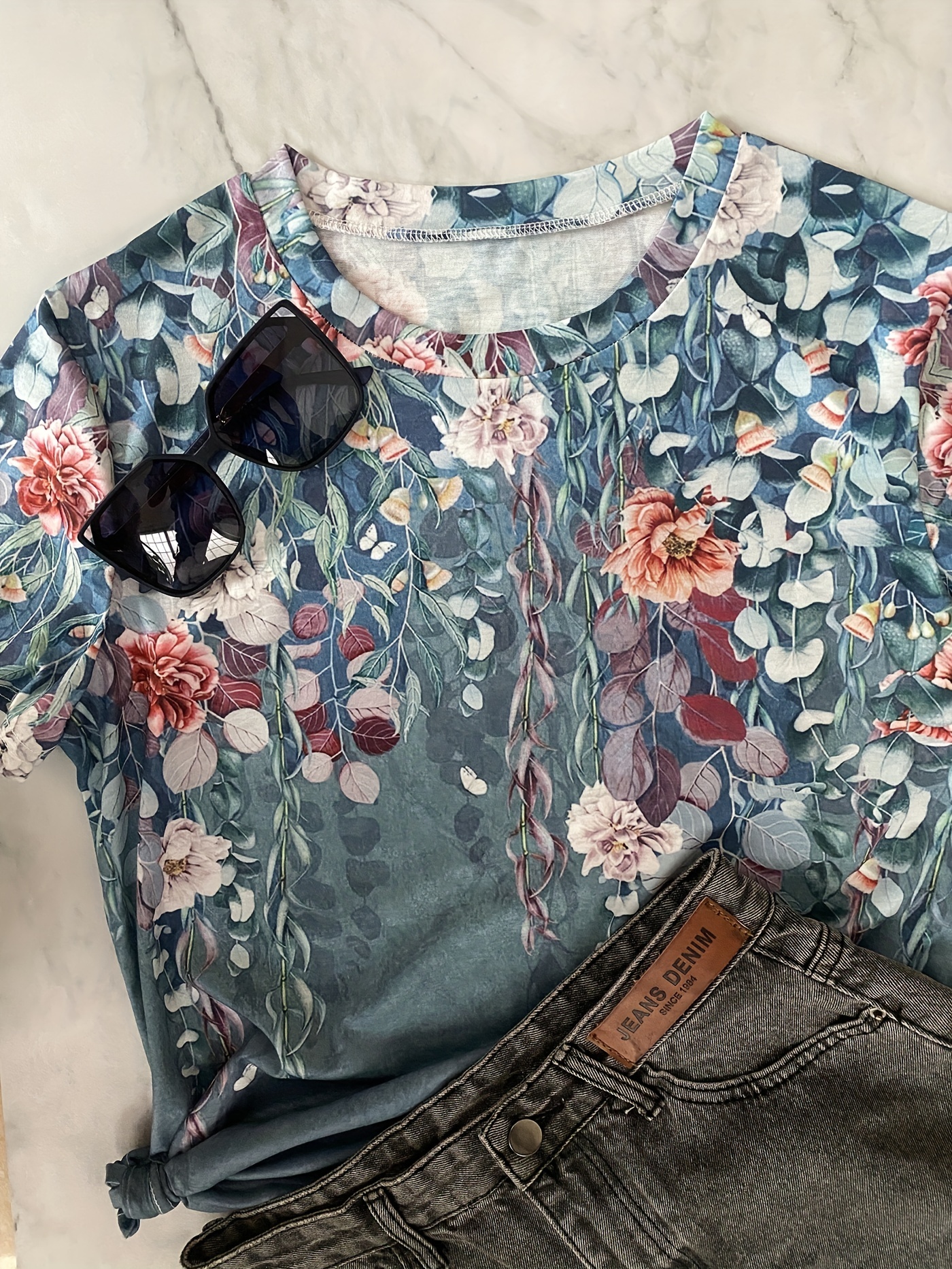 vintage floral print t shirt short sleeve crew neck casual top for summer spring womens clothing details 17