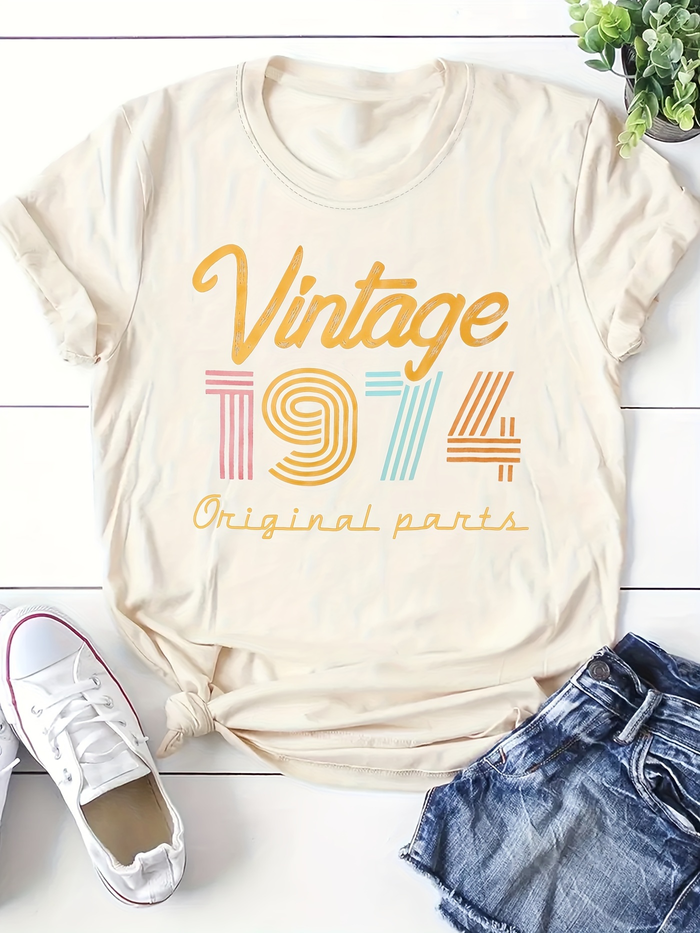 vintage 1974 print crew neck t shirt casual short sleeve top for spring summer womens clothing details 0