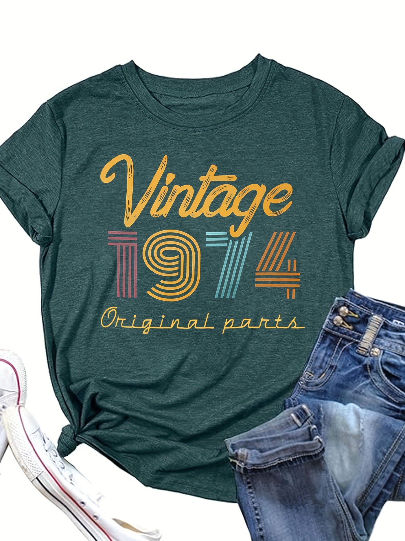 vintage 1974 print crew neck t shirt casual short sleeve top for spring summer womens clothing details 3