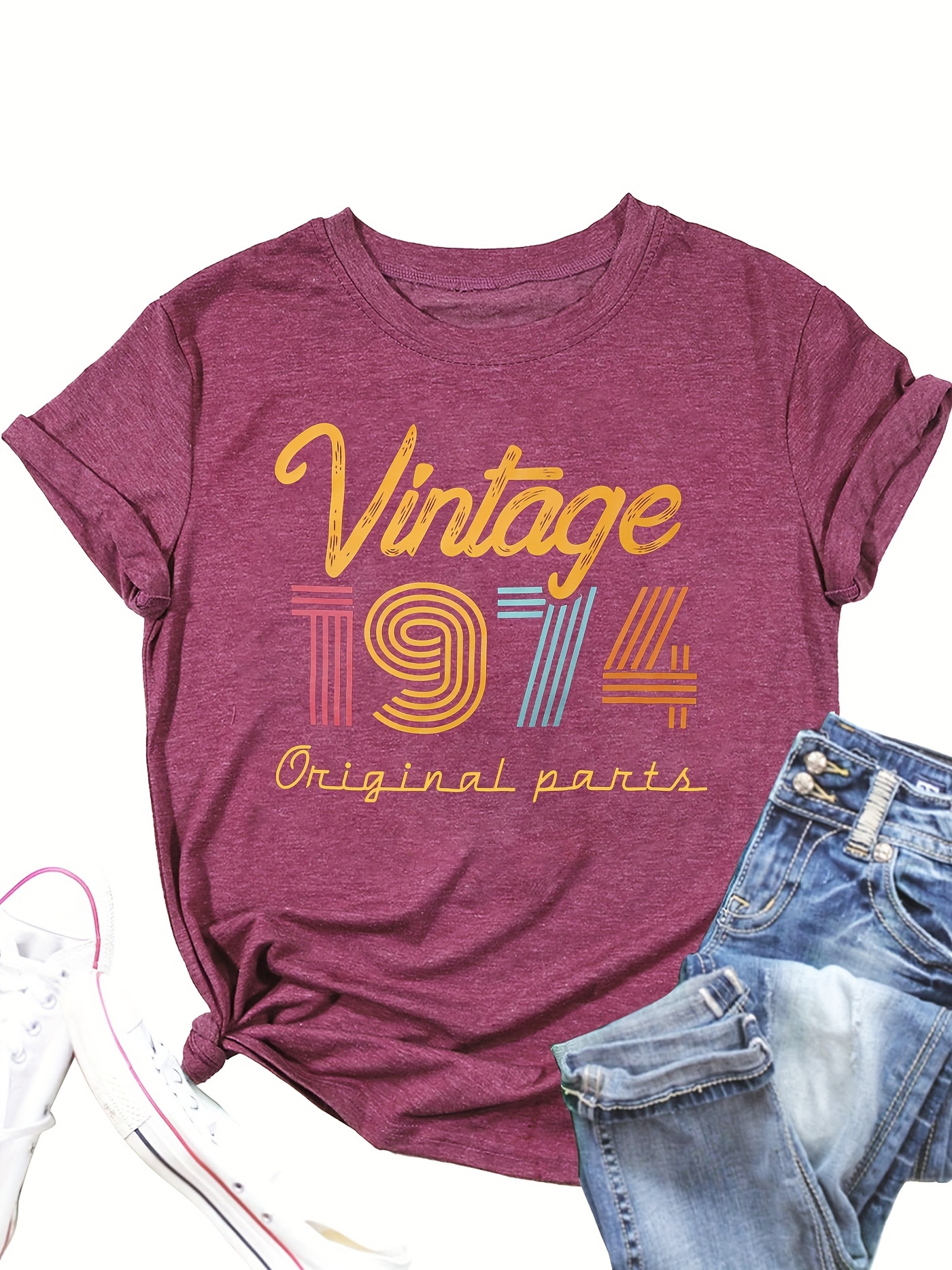 vintage 1974 print crew neck t shirt casual short sleeve top for spring summer womens clothing details 6