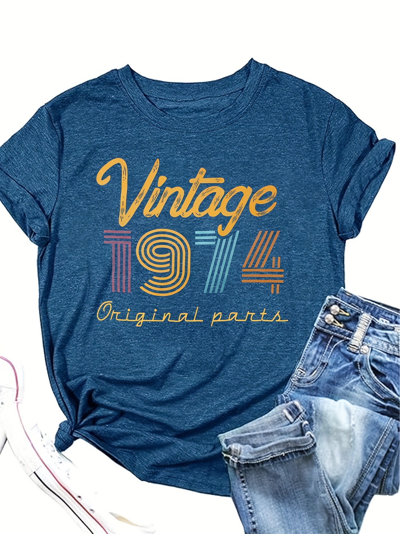 vintage 1974 print crew neck t shirt casual short sleeve top for spring summer womens clothing details 9