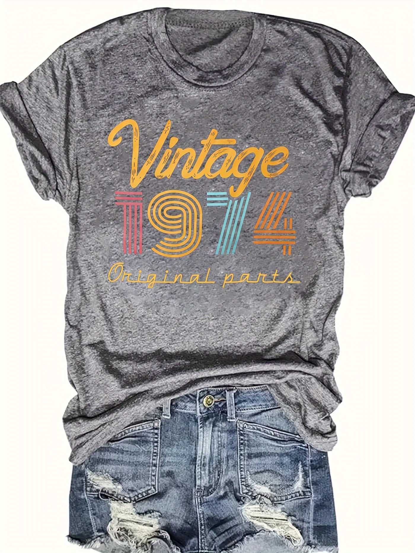 vintage 1974 print crew neck t shirt casual short sleeve top for spring summer womens clothing details 12