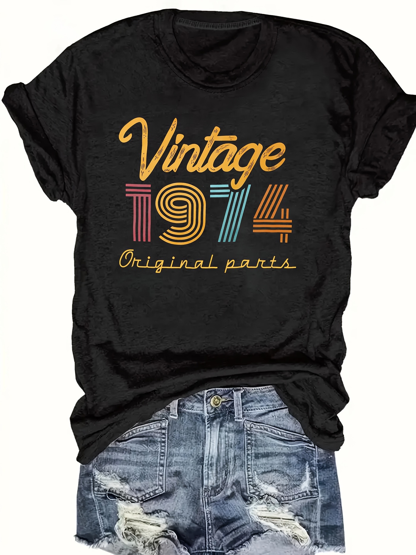 vintage 1974 print crew neck t shirt casual short sleeve top for spring summer womens clothing details 15