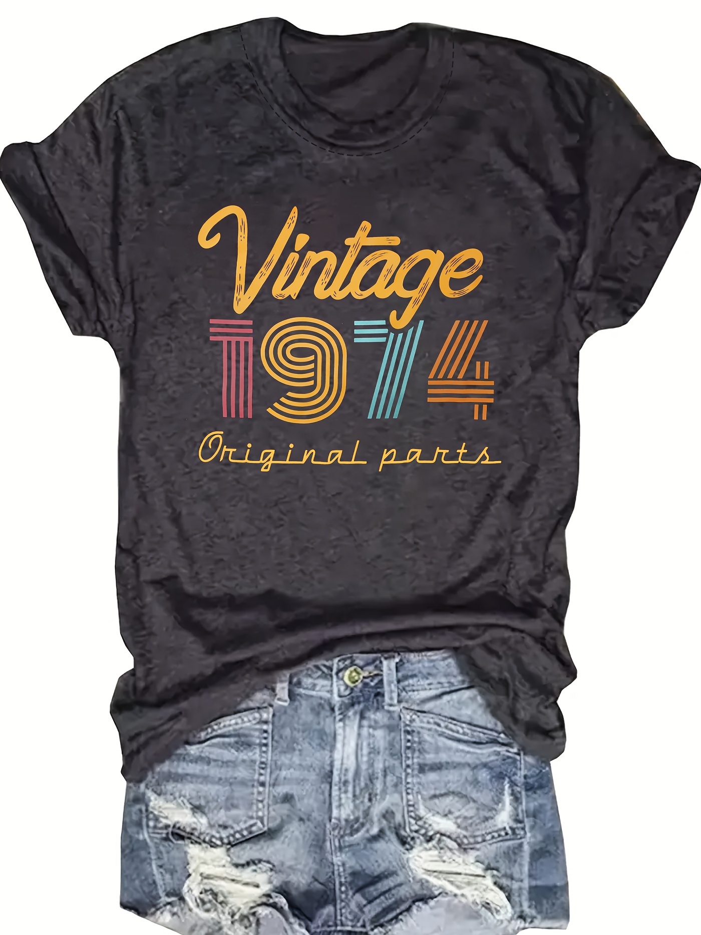 vintage 1974 print crew neck t shirt casual short sleeve top for spring summer womens clothing details 19