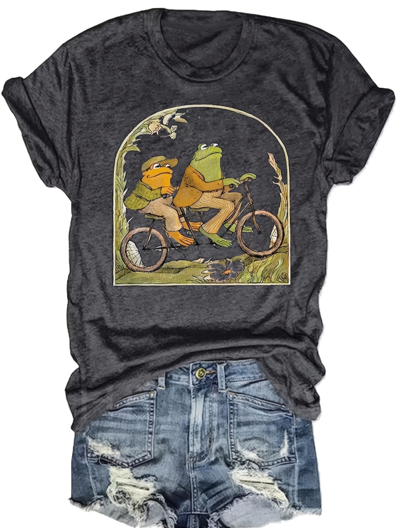 cartoon frog print crew neck t shirt casual short sleeve top for spring summer womens clothing details 7