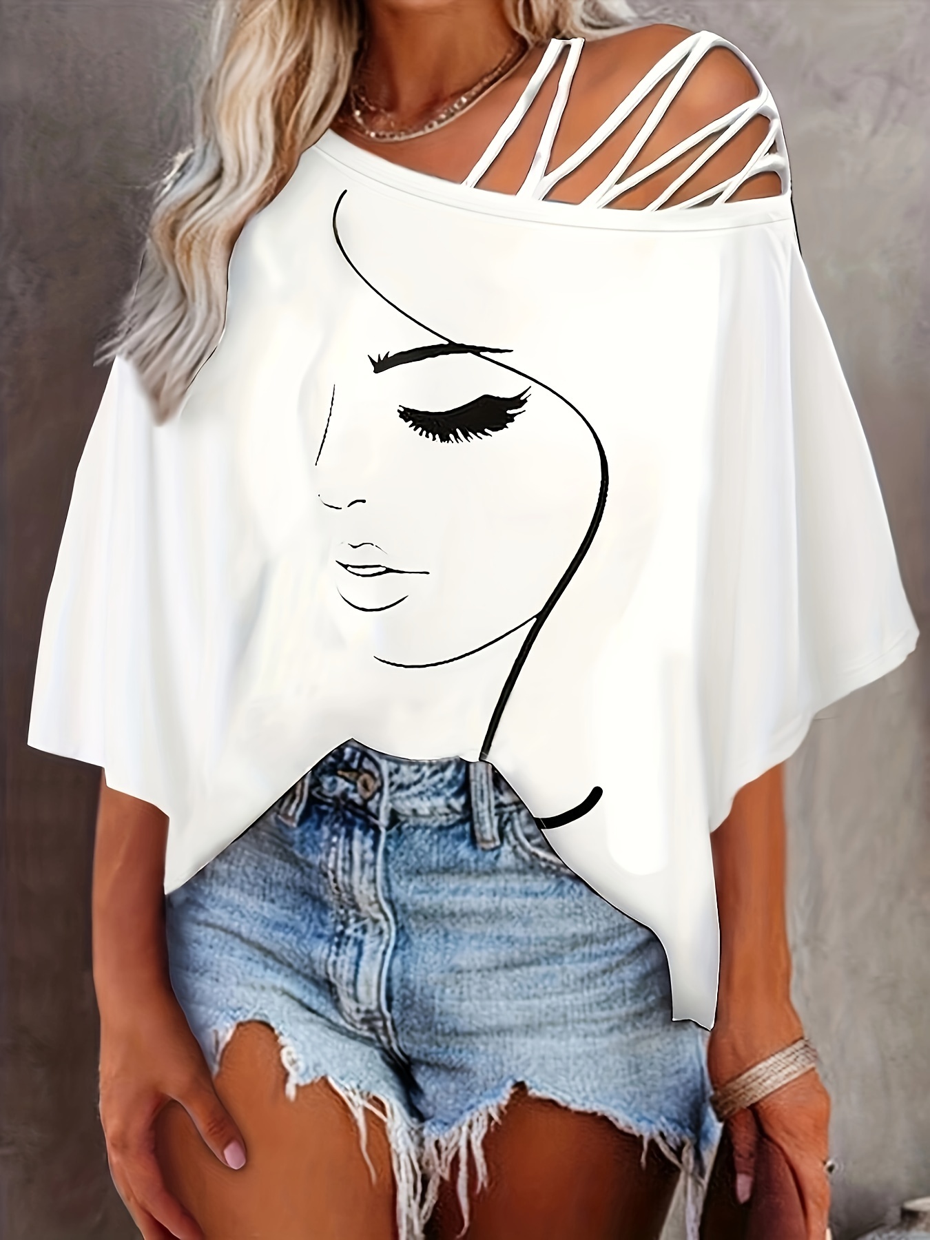 sketch print slanted shoulder t shirt casual summer t shirt womens clothing details 1