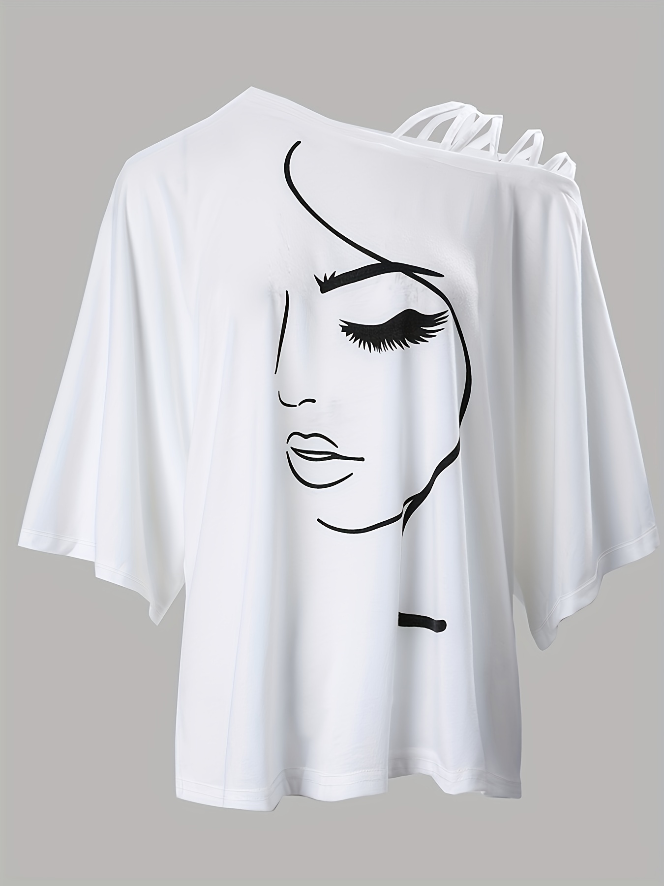 sketch print slanted shoulder t shirt casual summer t shirt womens clothing details 2