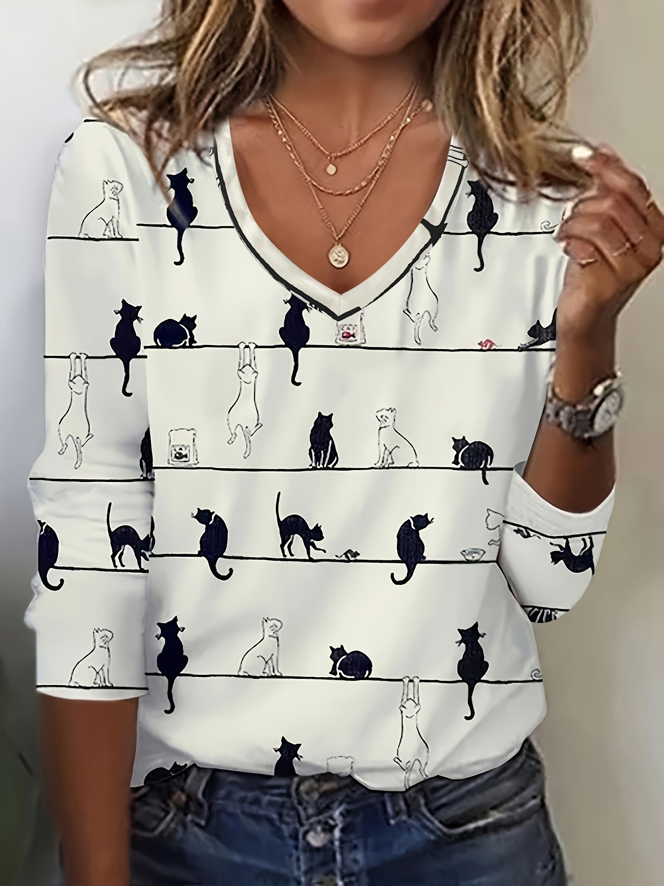 cute cat print v neck t shirt casual long sleeve top for spring fall womens clothing details 0