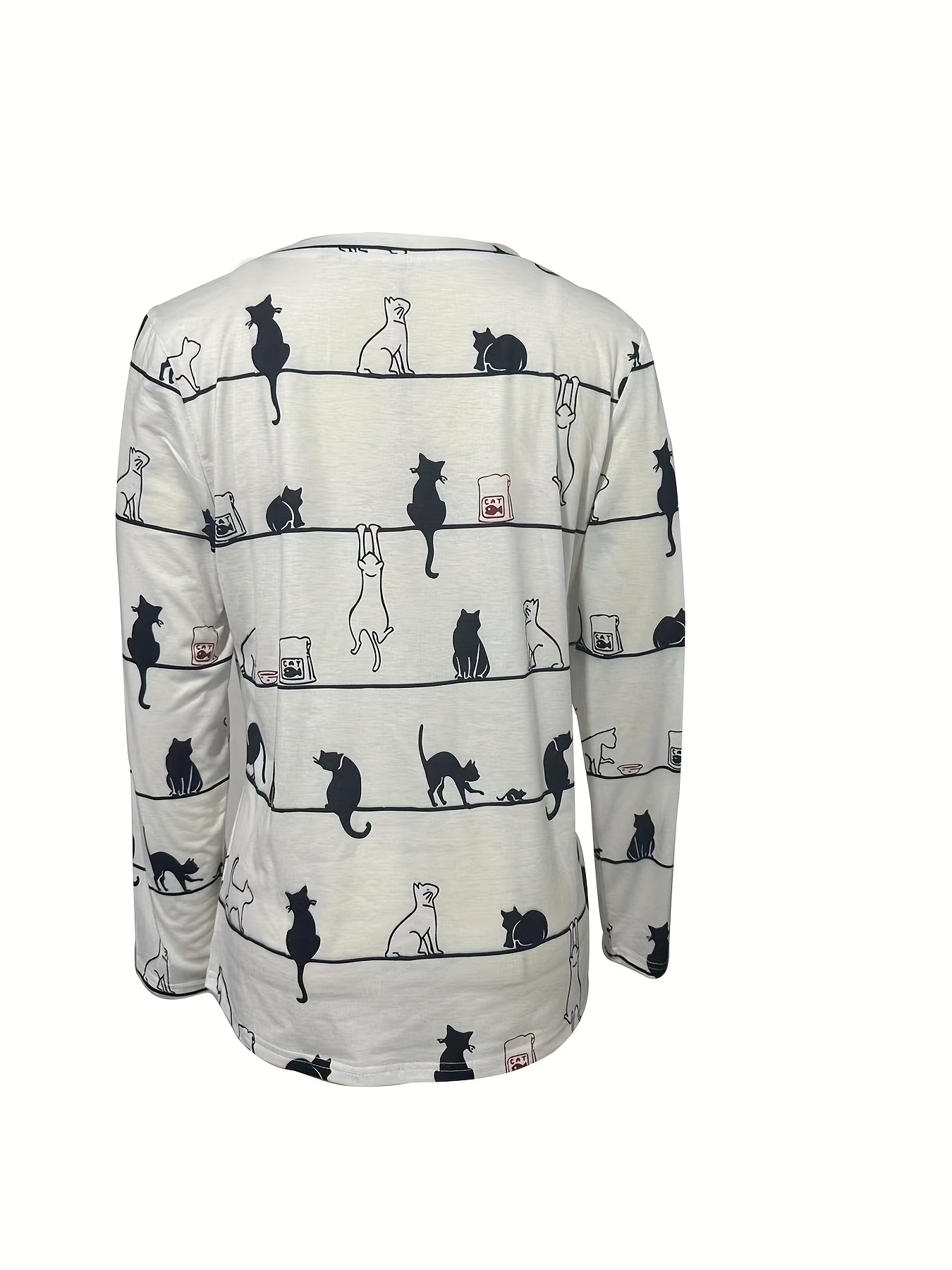 cute cat print v neck t shirt casual long sleeve top for spring fall womens clothing details 1