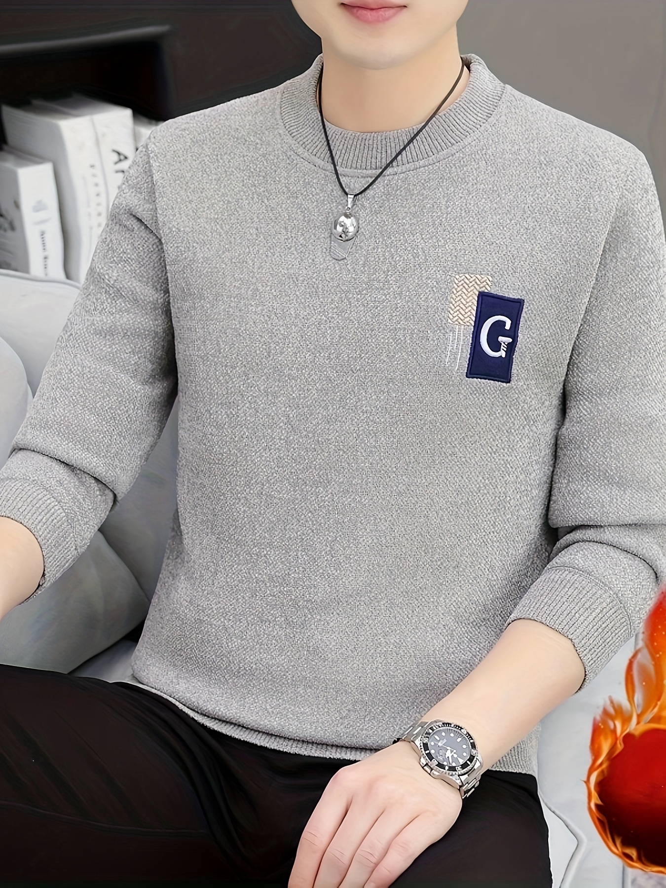 all match knitted plush lining sweater mens casual warm slightly stretch crew neck pullover sweater for men fall winter details 2