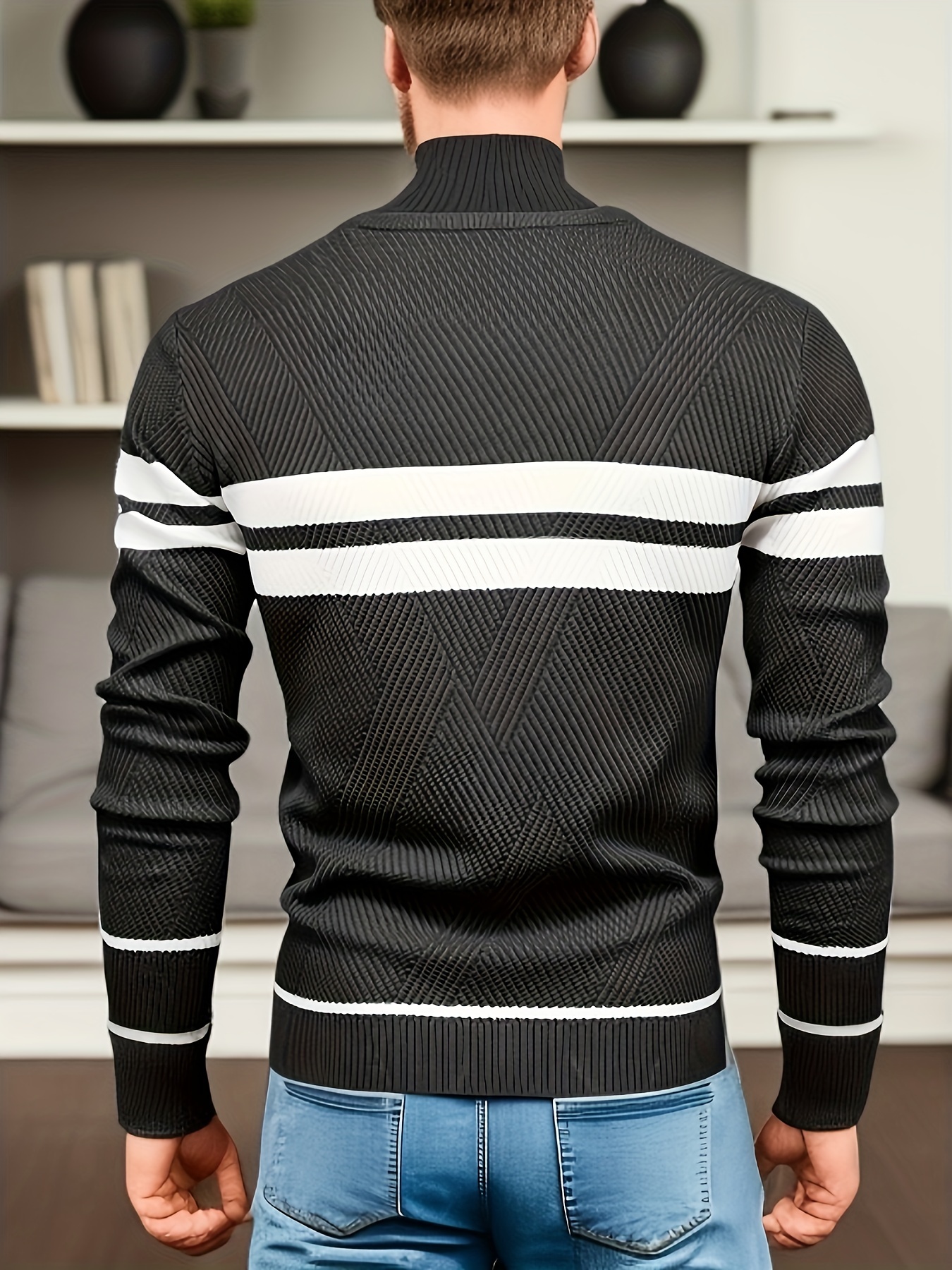 all match striped knitted sweater mens casual warm high stretch crew neck pullover sweater for fall winter details 6