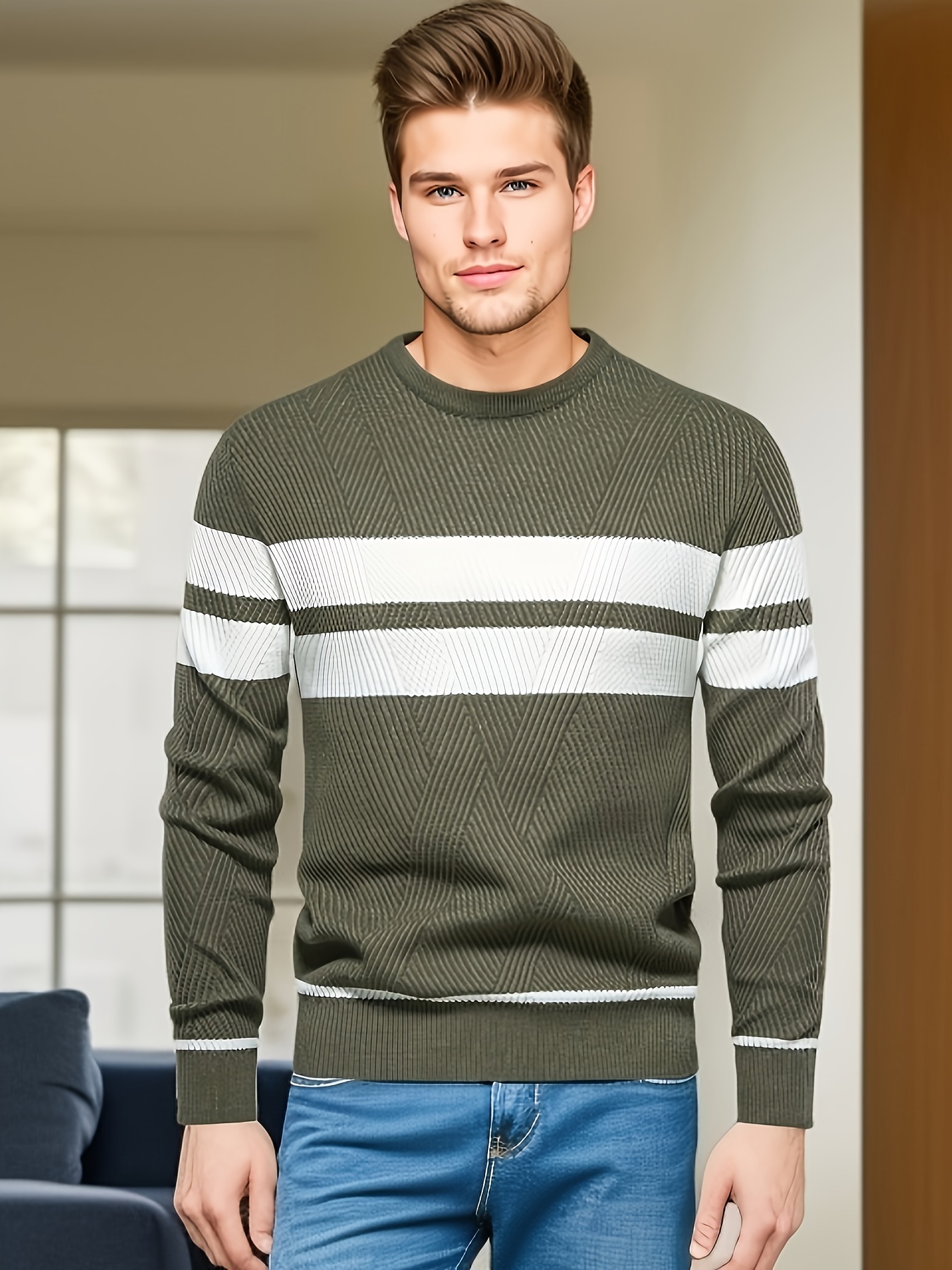 all match striped knitted sweater mens casual warm high stretch crew neck pullover sweater for fall winter details 7