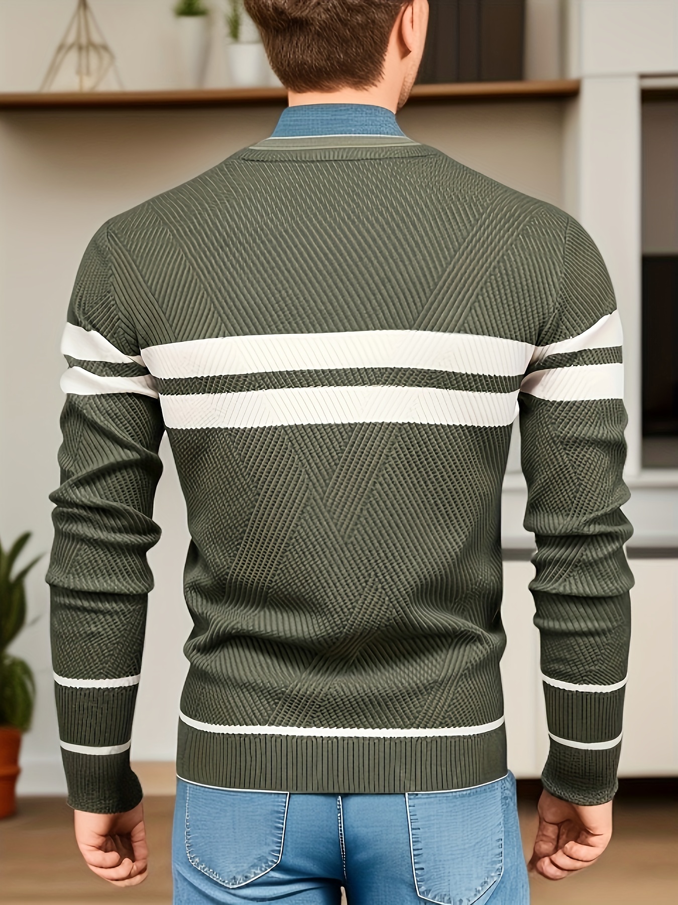 all match striped knitted sweater mens casual warm high stretch crew neck pullover sweater for fall winter details 8