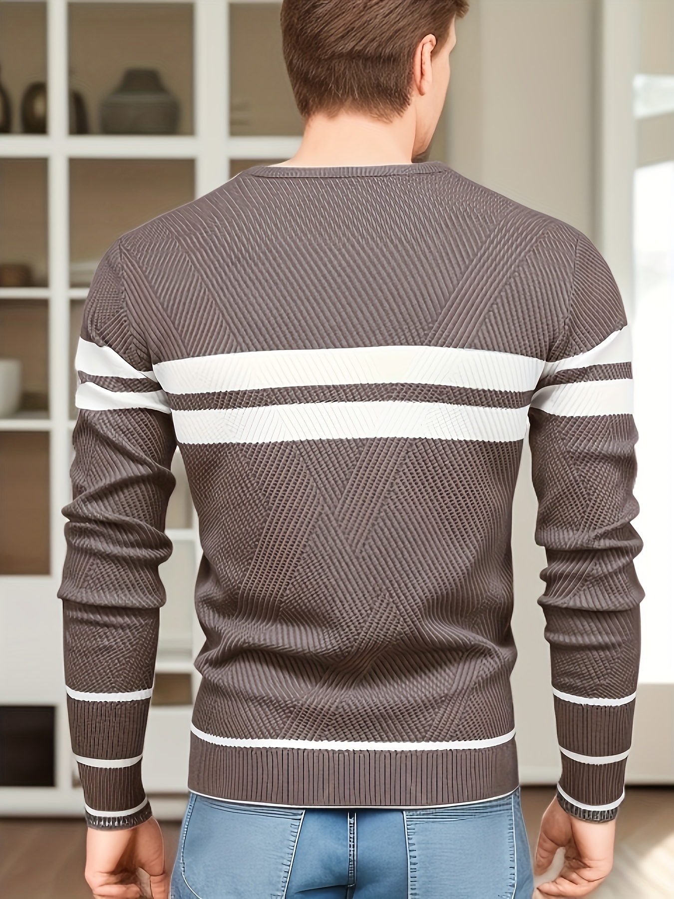 all match striped knitted sweater mens casual warm high stretch crew neck pullover sweater for fall winter details 10