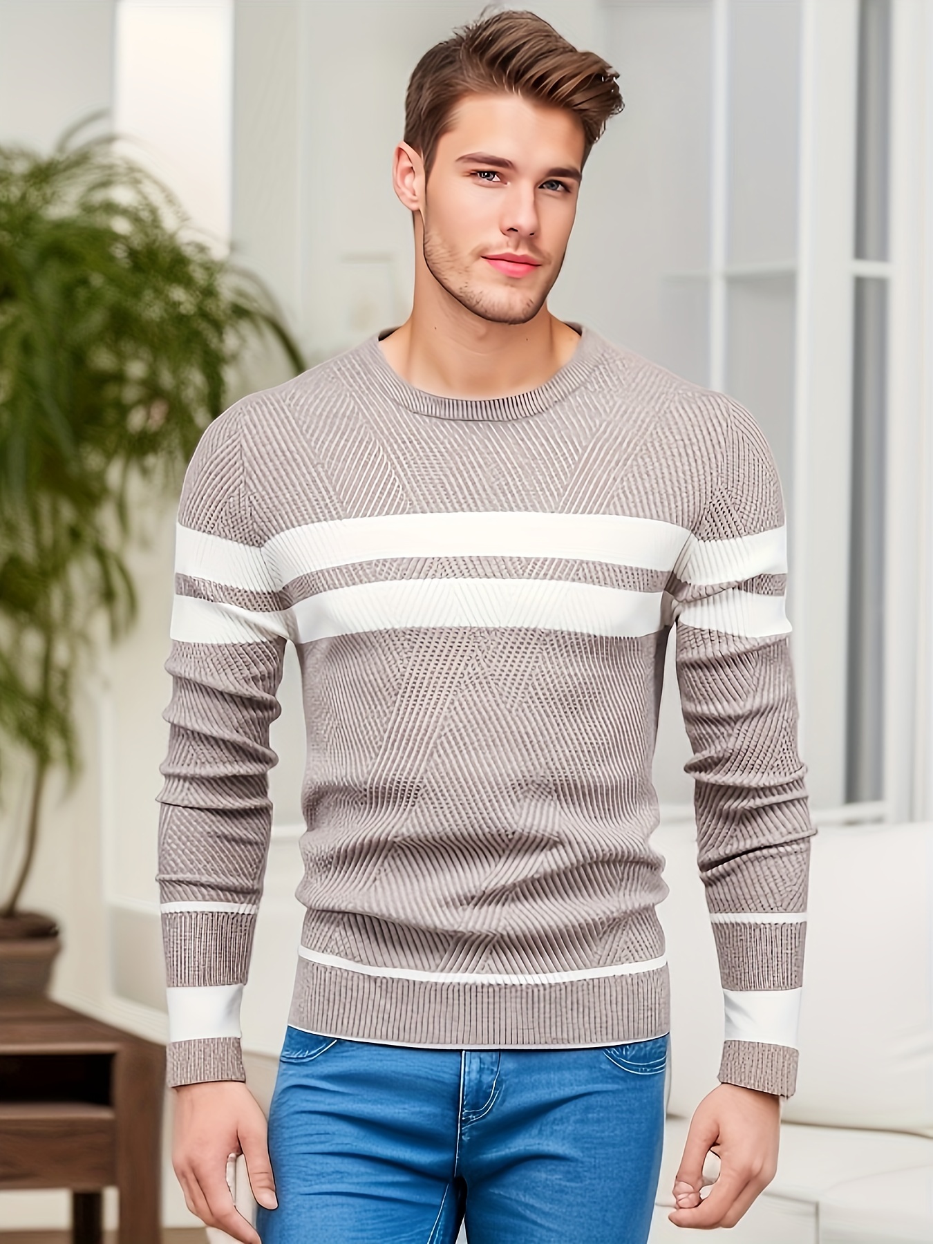 all match striped knitted sweater mens casual warm high stretch crew neck pullover sweater for fall winter details 11