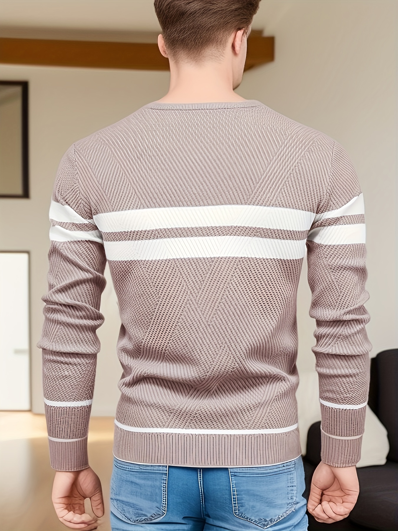 all match striped knitted sweater mens casual warm high stretch crew neck pullover sweater for fall winter details 12