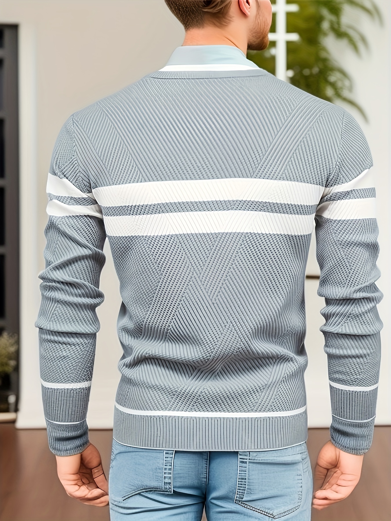 all match striped knitted sweater mens casual warm high stretch crew neck pullover sweater for fall winter details 14