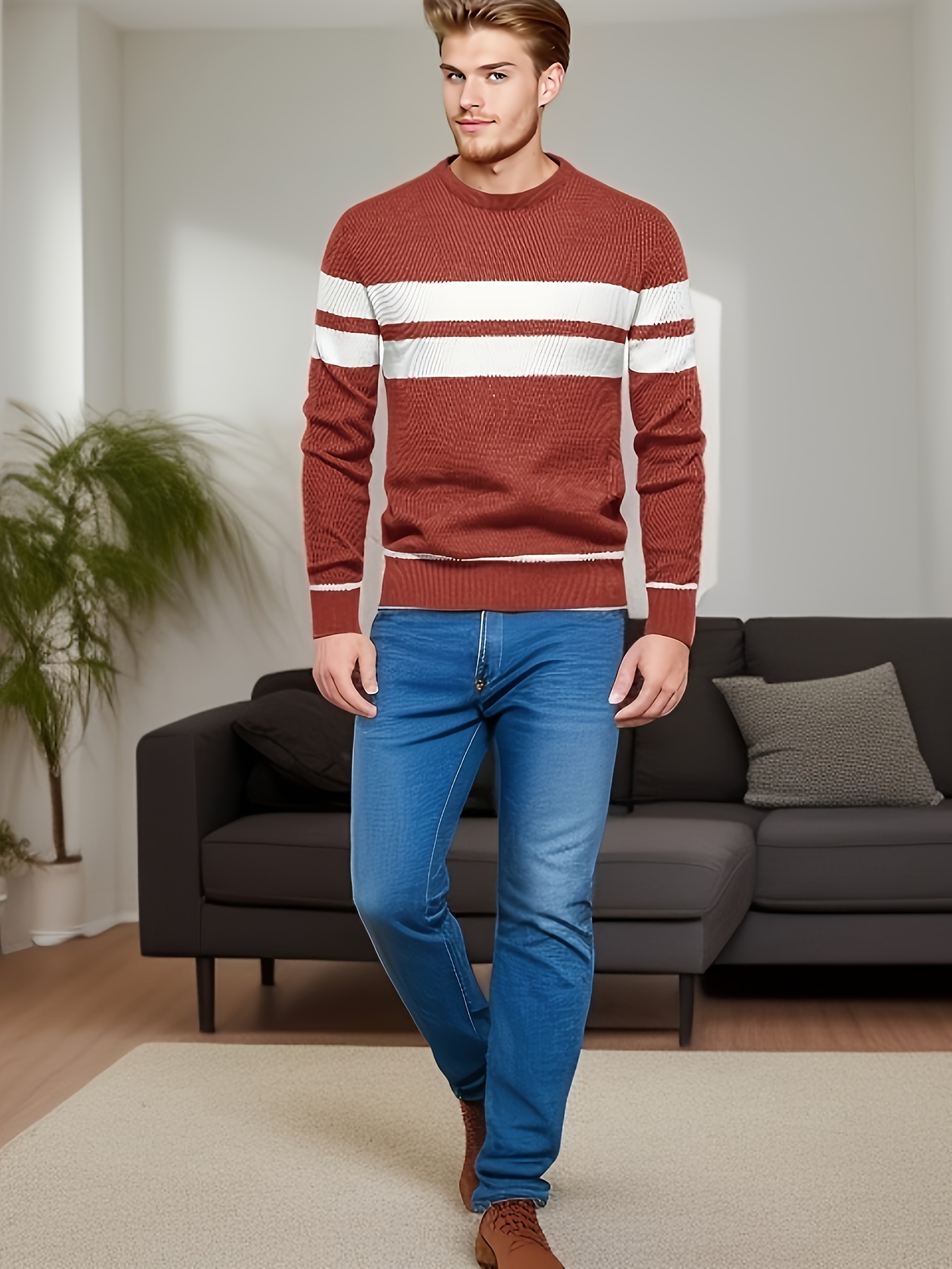 all match striped knitted sweater mens casual warm high stretch crew neck pullover sweater for fall winter details 15