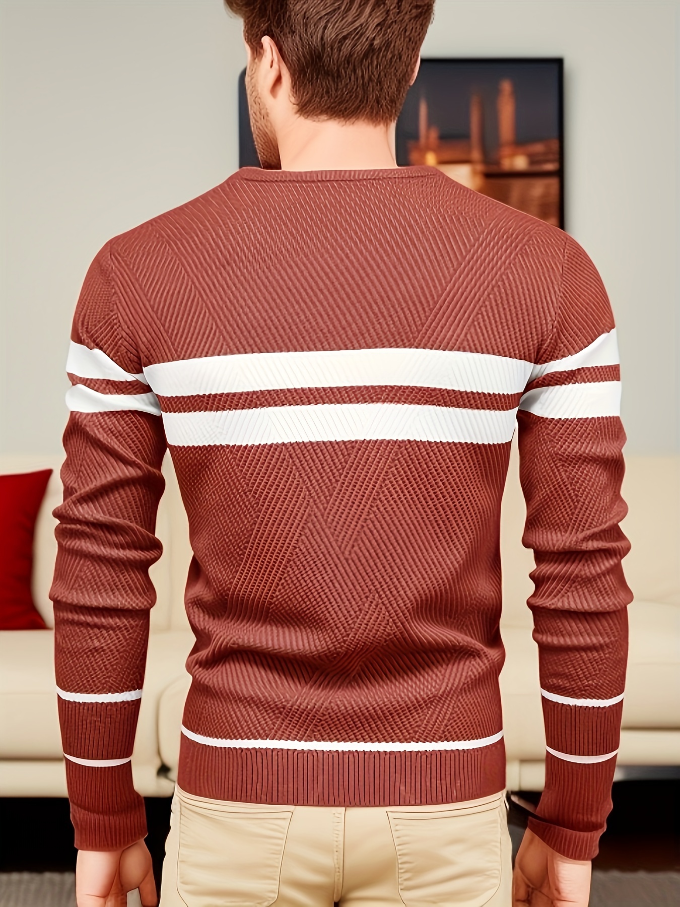 all match striped knitted sweater mens casual warm high stretch crew neck pullover sweater for fall winter details 16