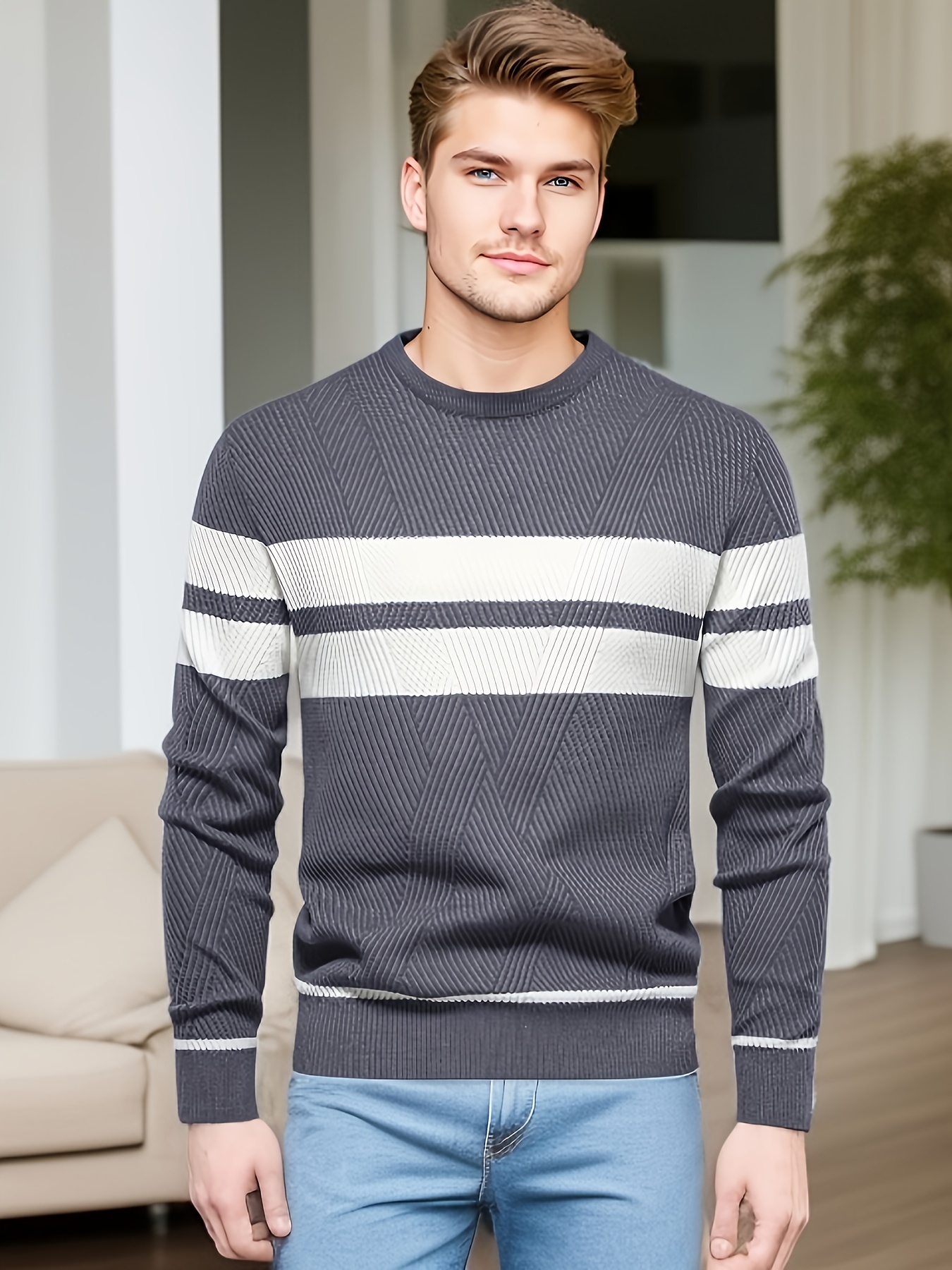 all match striped knitted sweater mens casual warm high stretch crew neck pullover sweater for fall winter details 17